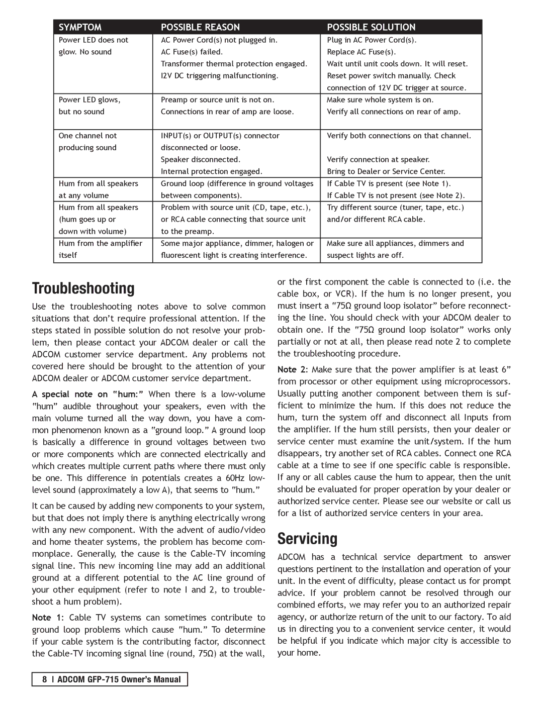 Adcom GFP-715 owner manual Servicing, Troubleshooting 