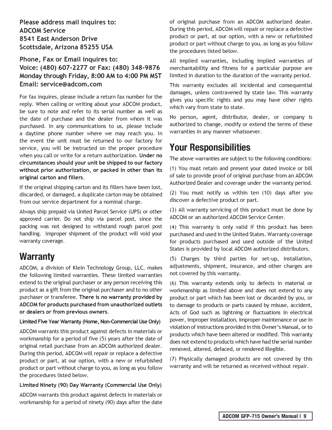 Adcom GFP-715 owner manual Warranty, Your Responsibilities 