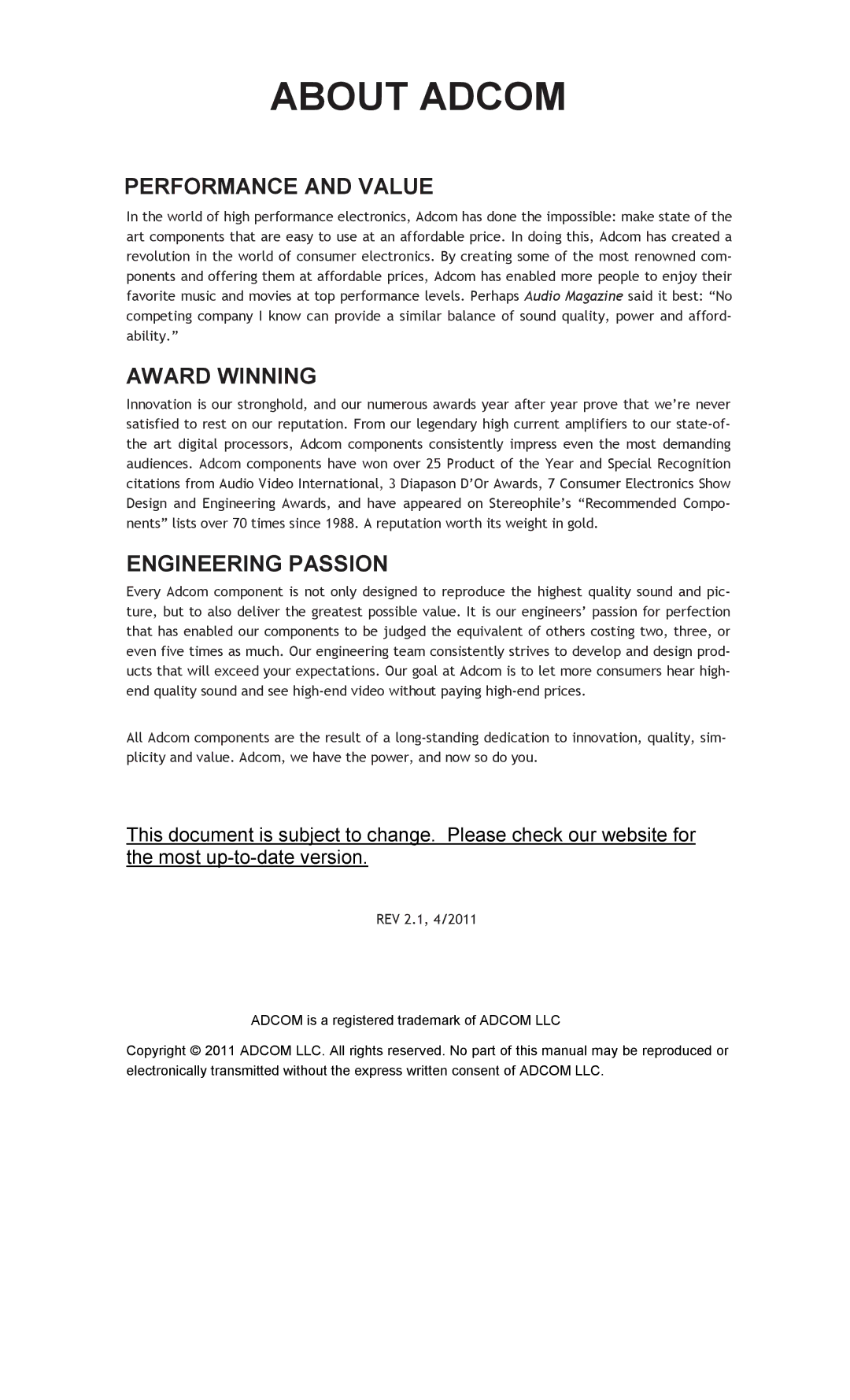 Adcom GFP-815 manual About Adcom 