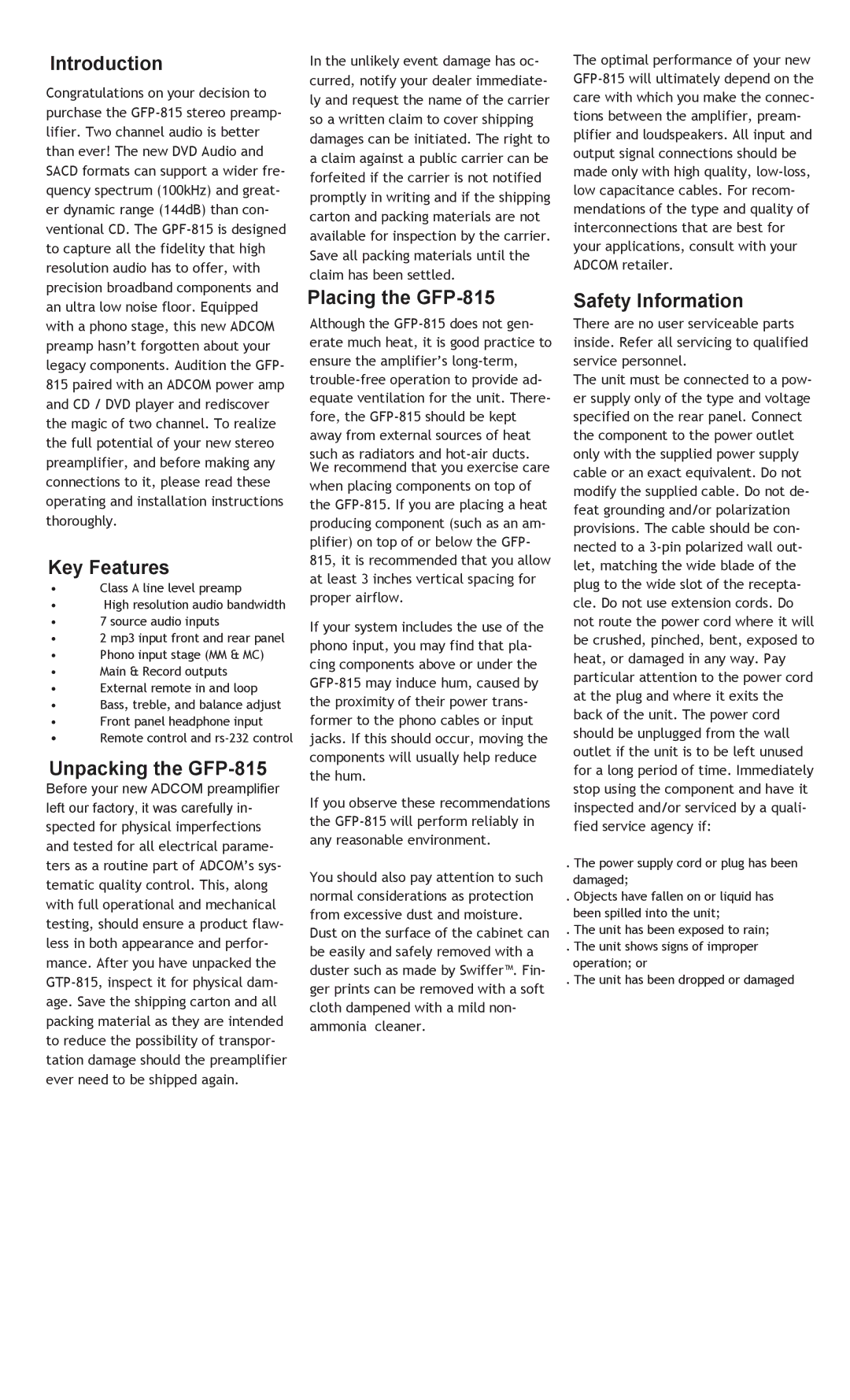 Adcom manual Introduction, Key Features, Unpacking the GFP-815, Placing the GFP-815, Safety Information 