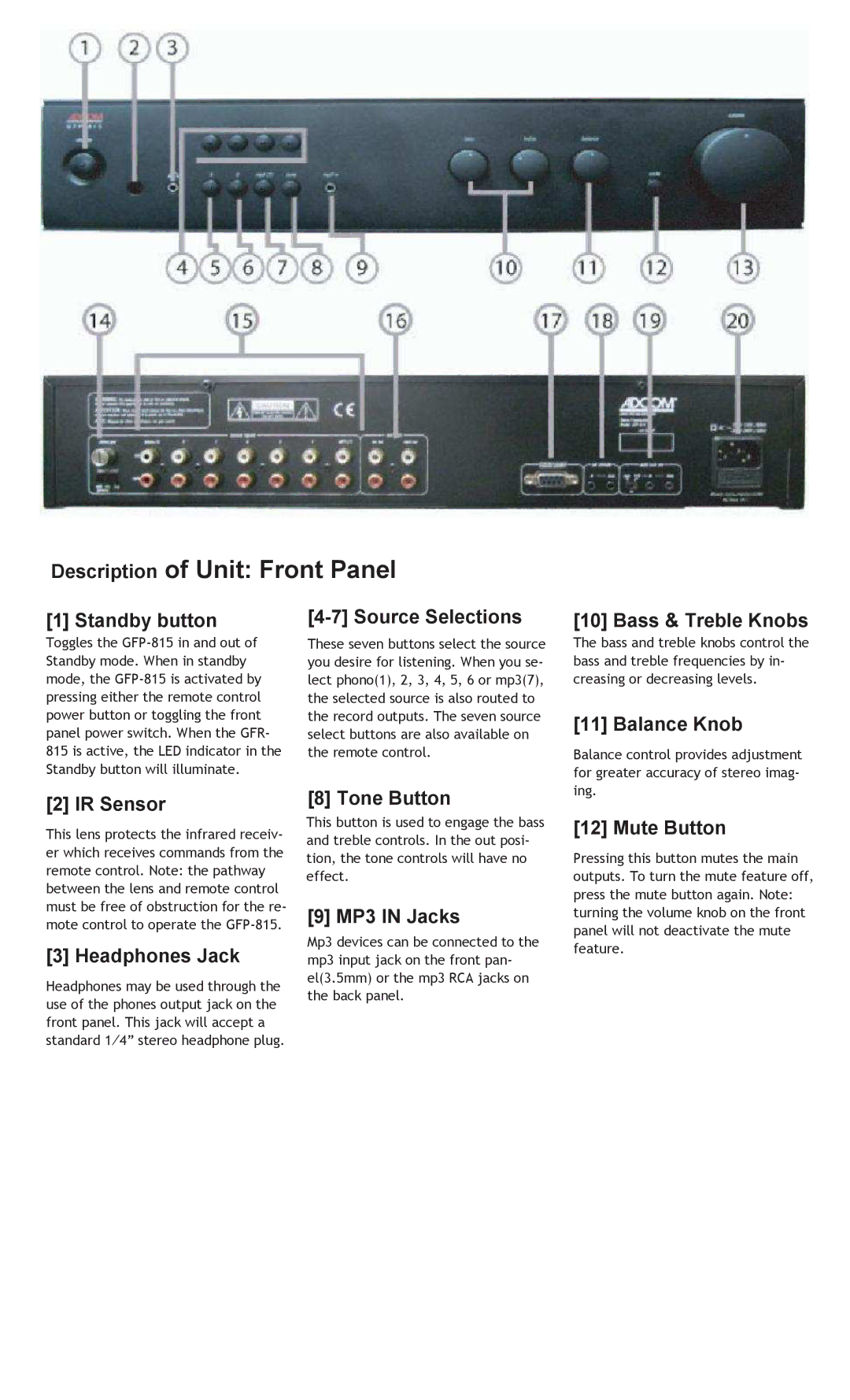 Adcom GFP-815 Standby button Source Selections, Bass & Treble Knobs, Balance Knob, IR Sensor, Headphones Jack, Tone Button 