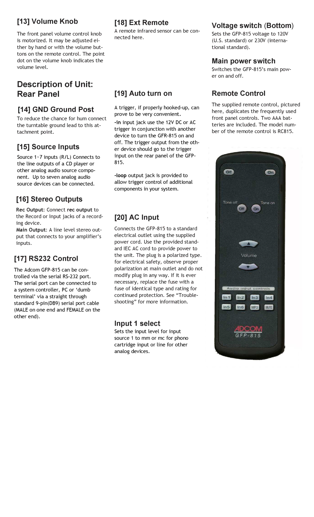 Adcom GFP-815 Volume Knob Ext Remote, Voltage switch Bottom, Main power switch, GND Ground Post, Source Inputs, AC Input 