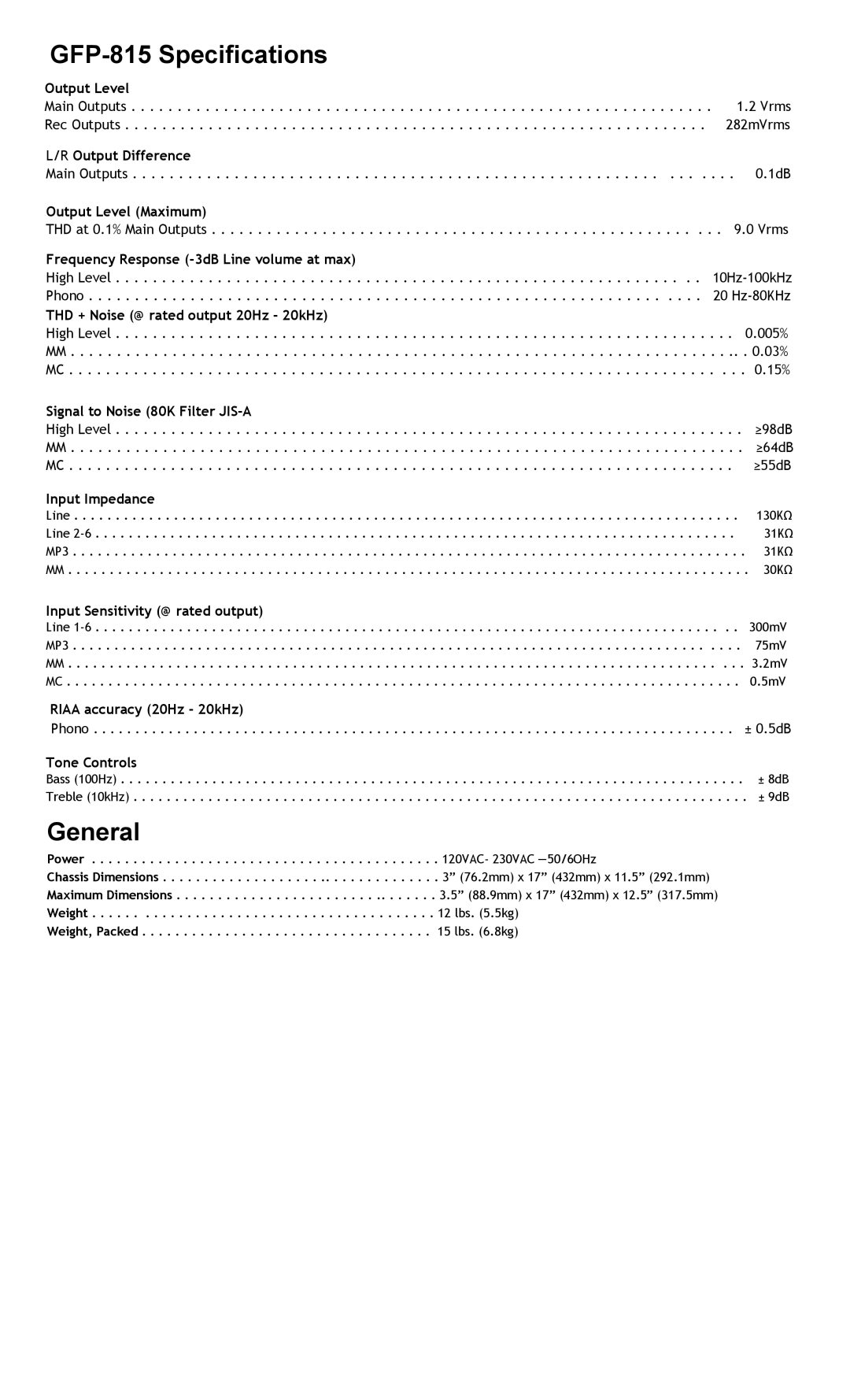 Adcom manual GFP-815 Specifications 