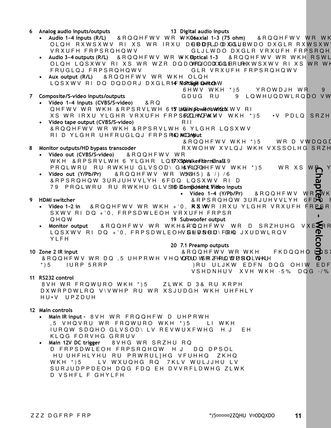 Adcom GFR-700 user manual Zone 2 IR input, 11 RS232 control, Main controls, Voltage switch, Main power switch, AC input 