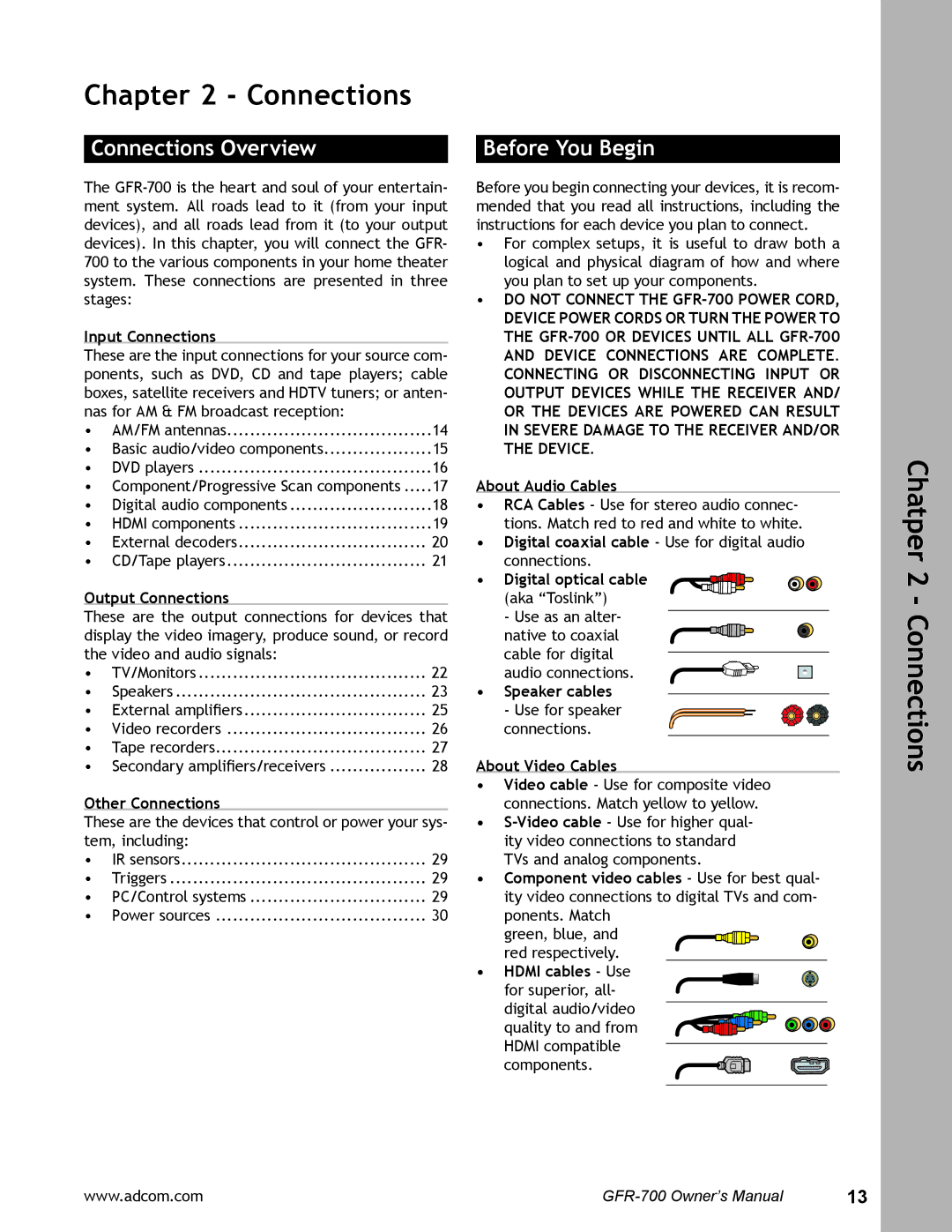 Adcom GFR-700 user manual Connections Overview, Before You Begin 