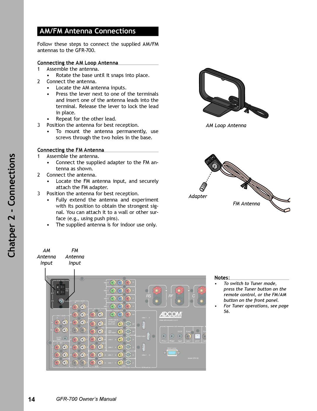 Adcom GFR-700 AM/FM Antenna Connections, Connecting the AM Loop Antenna, Connecting the FM Antenna, Antenna Input 