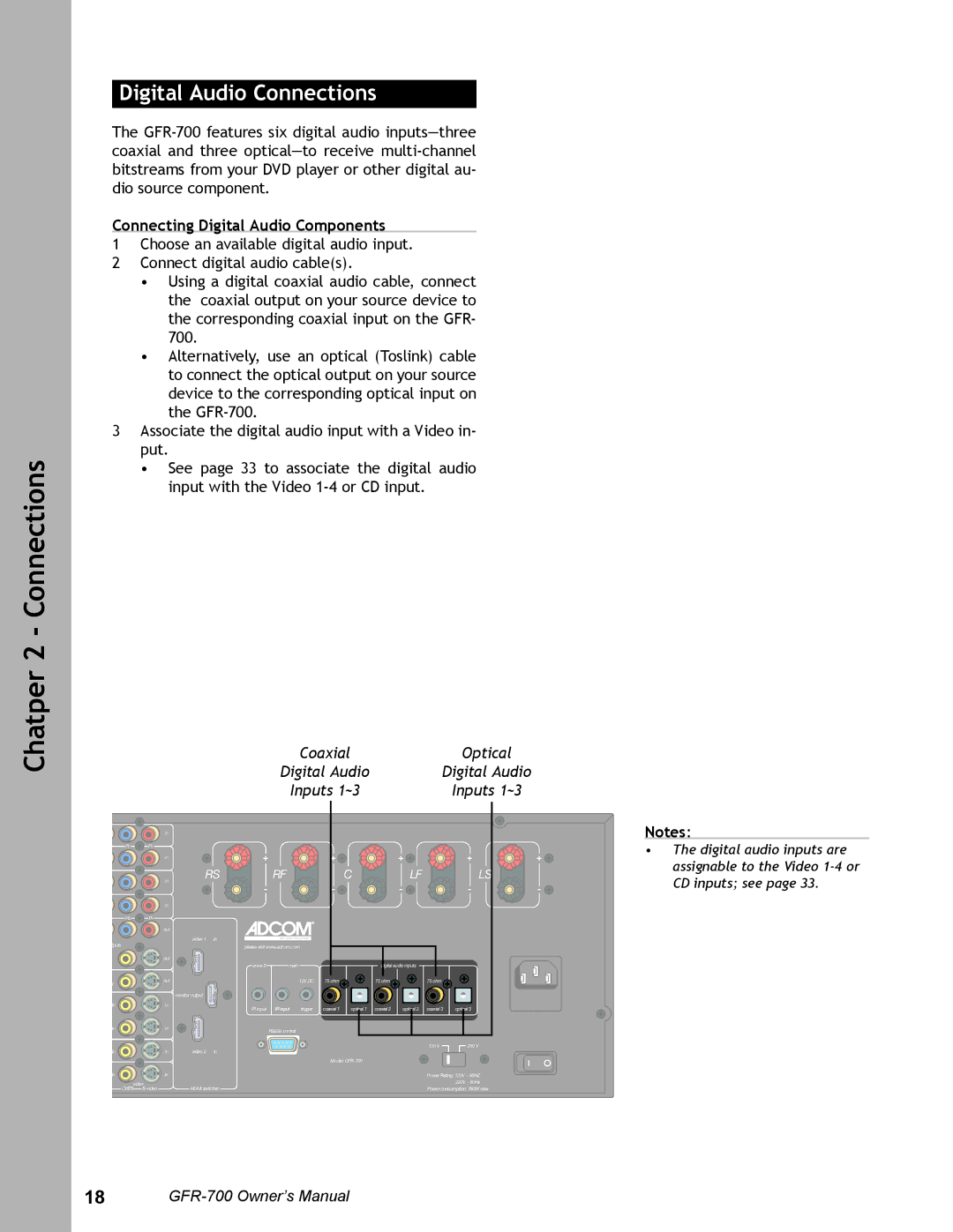 Adcom GFR-700 user manual Digital Audio Connections, Connecting Digital Audio Components, Coaxial Optical Digital Audio 