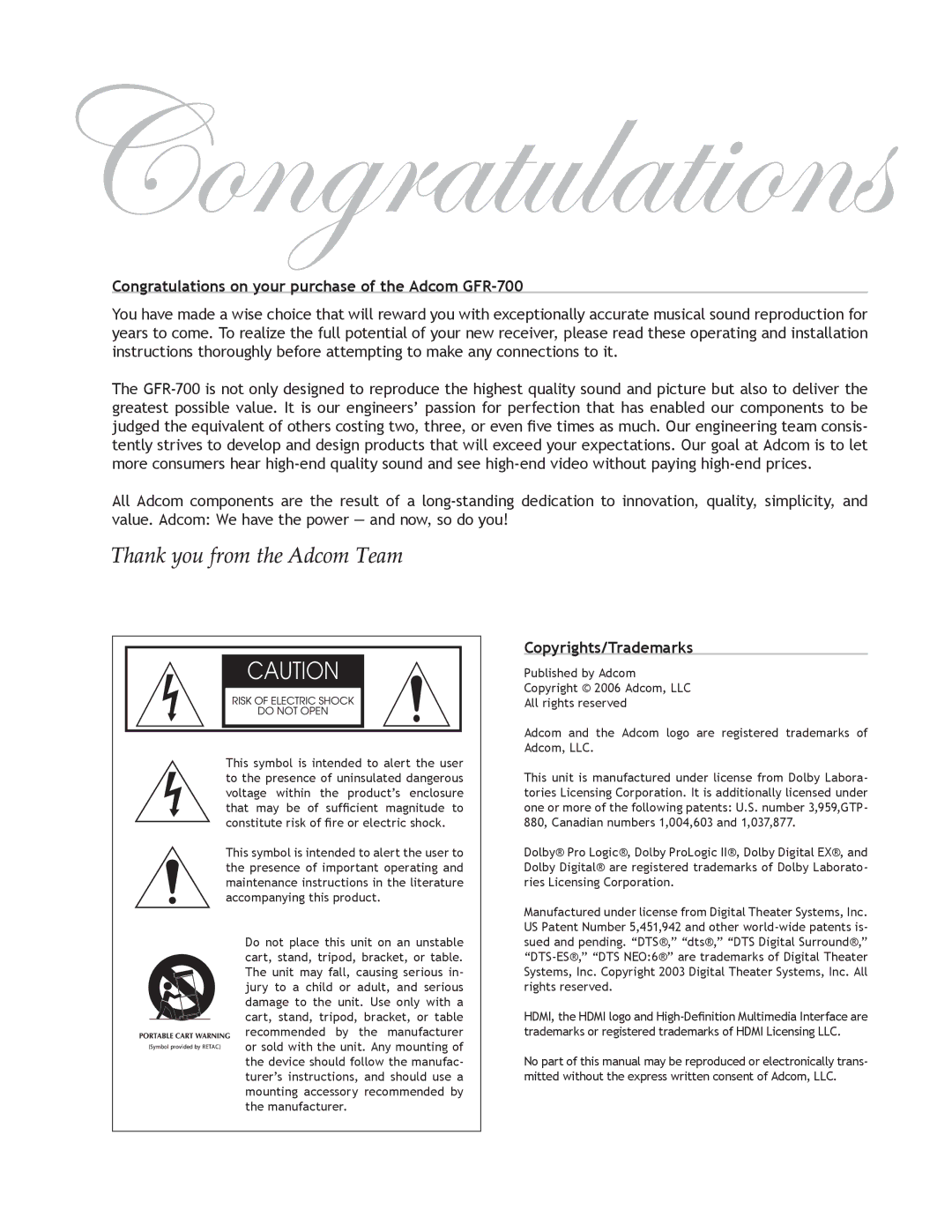 Adcom user manual Congratulations on your purchase of the Adcom GFR-700, Copyrights/Trademarks 