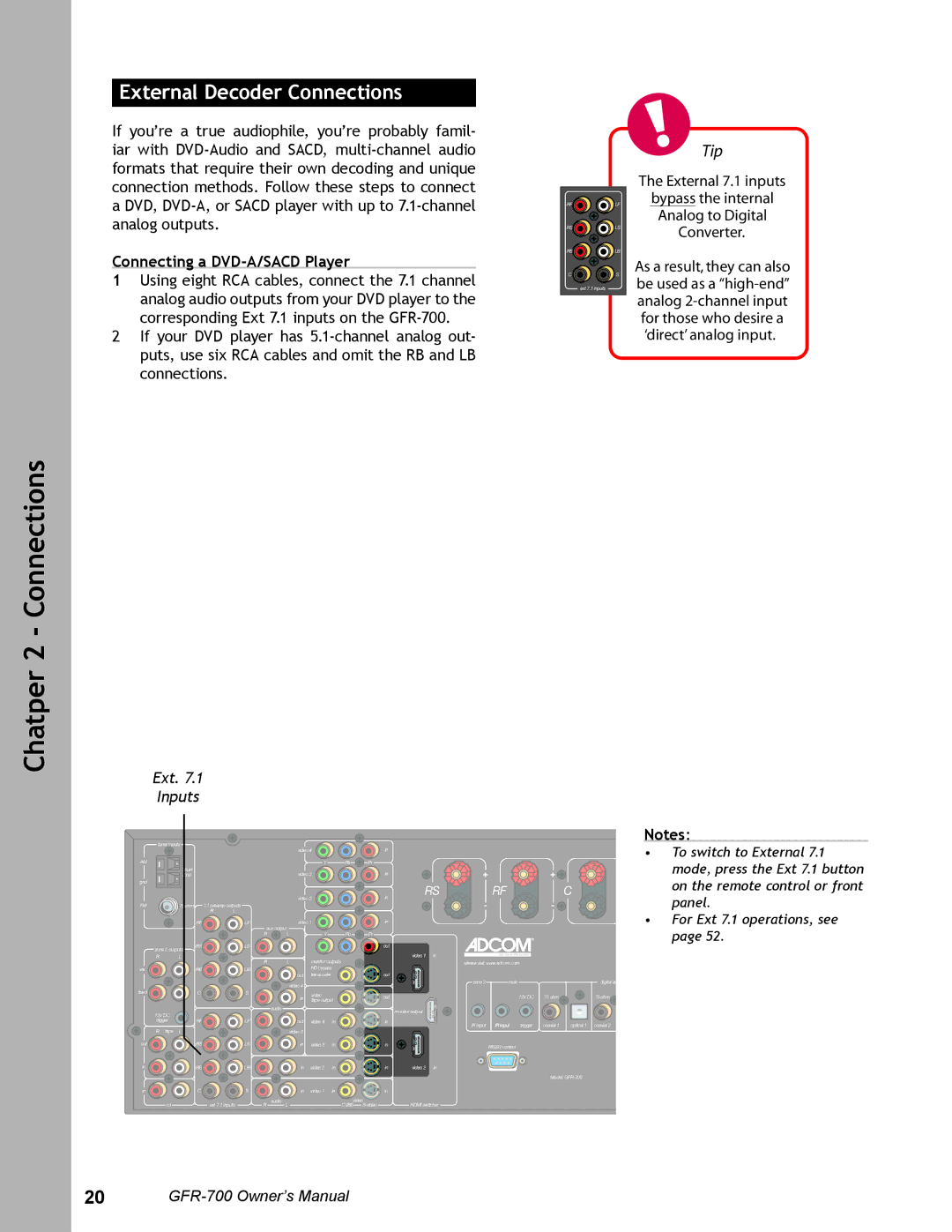 Adcom GFR-700 user manual External Decoder Connections, Connecting a DVD-A/SACD Player 