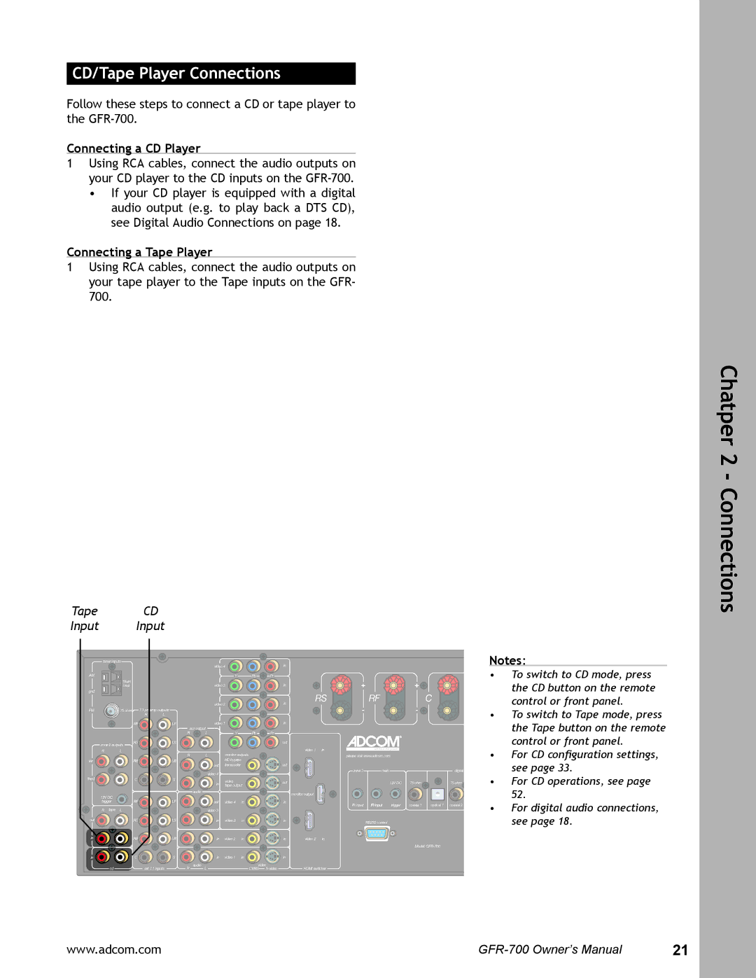 Adcom GFR-700 user manual Connecting a CD Player, Connecting a Tape Player, Tape Input 