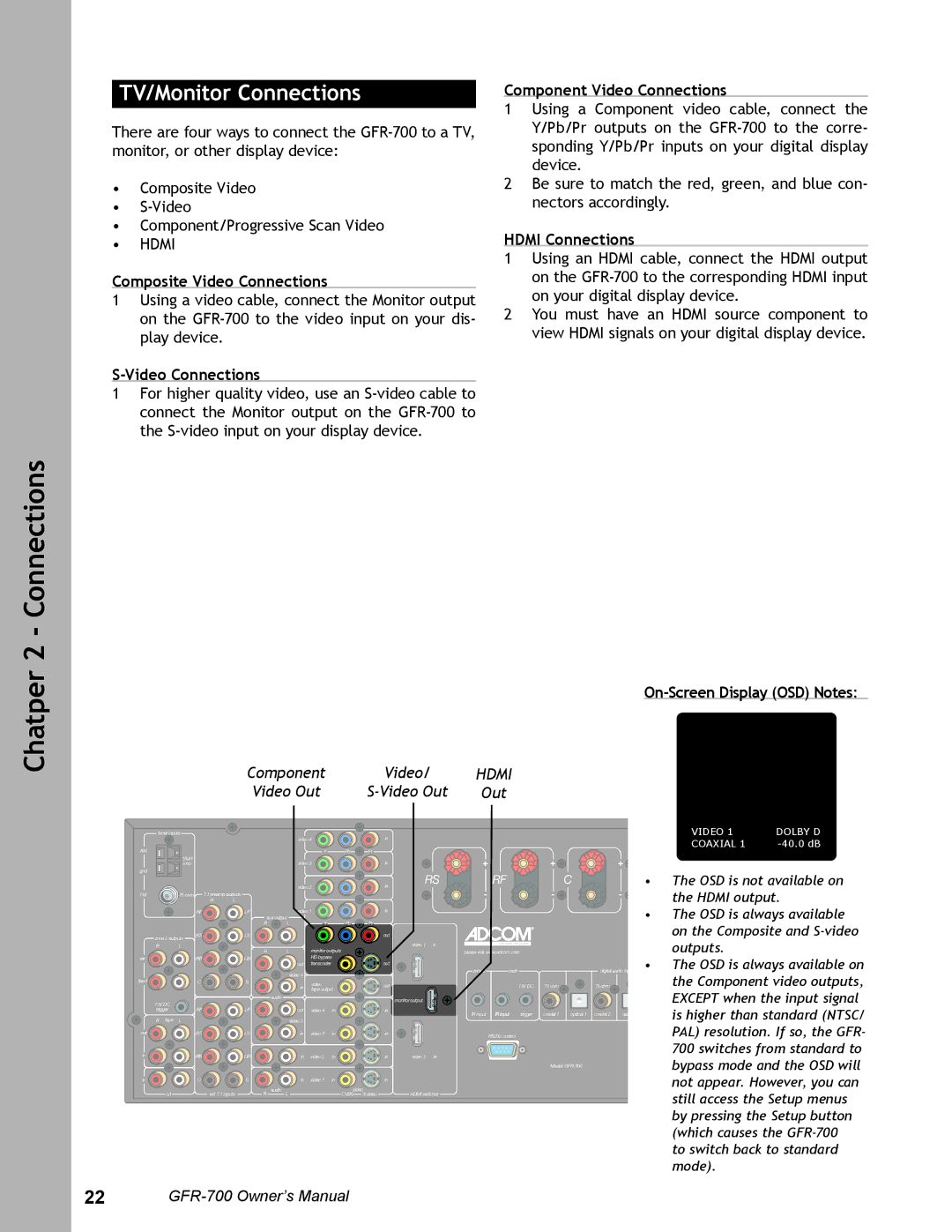 Adcom GFR-700 user manual TV/Monitor Connections, Composite Video Connections, Component Video Connections 