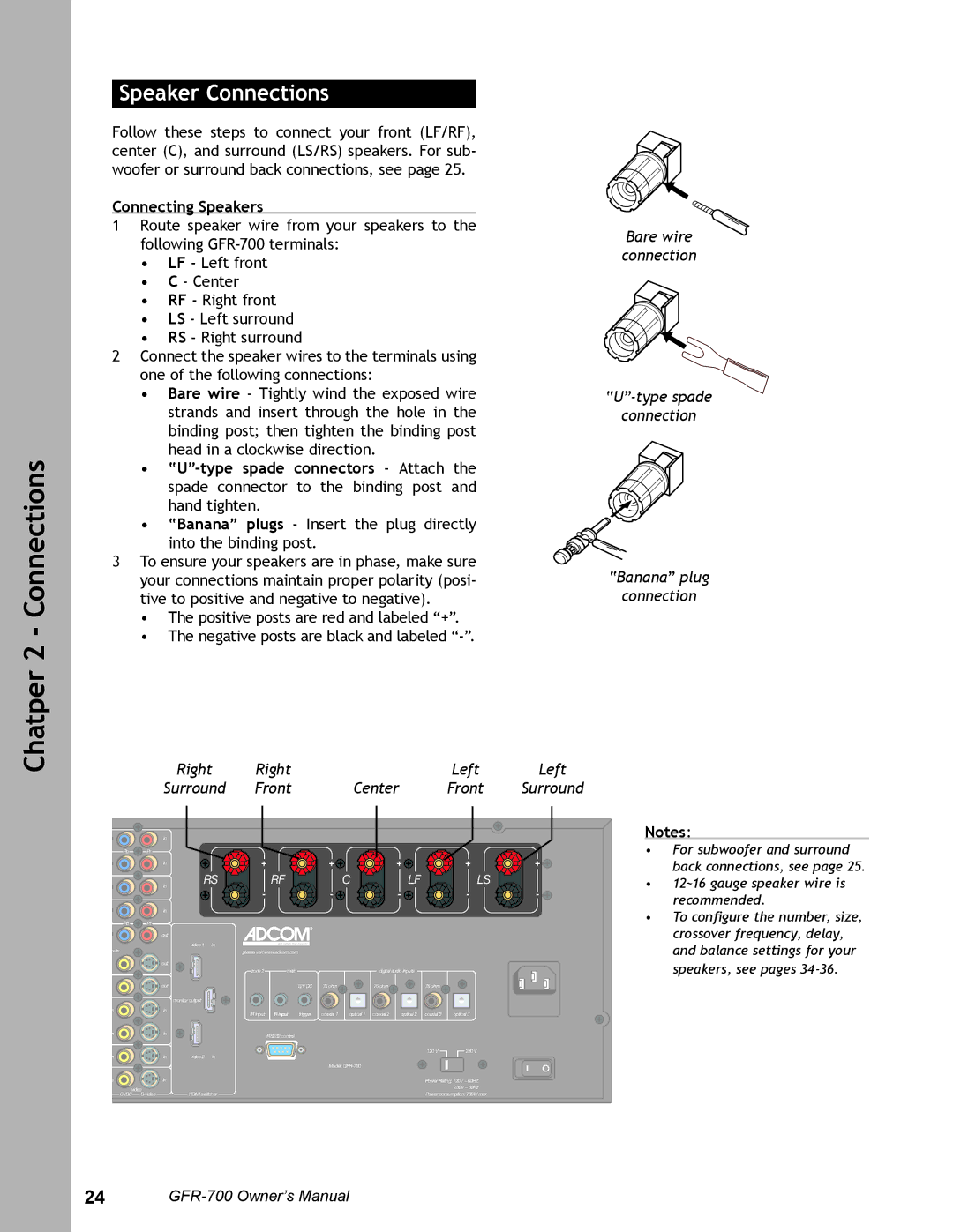 Adcom GFR-700 user manual Speaker Connections, Connecting Speakers, Right, Left Surround Front Center 