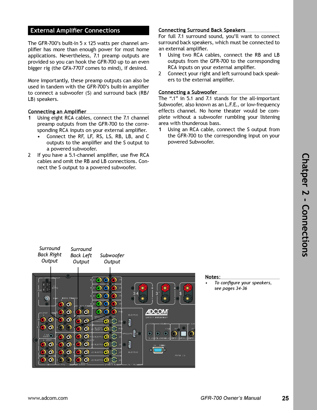 Adcom GFR-700 user manual Connecting an Ampliﬁer, Connecting Surround Back Speakers, Connecting a Subwoofer 