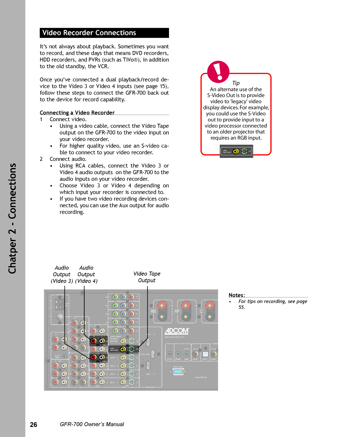 Adcom GFR-700 user manual Connecting a Video Recorder, Output Video 3 Video 