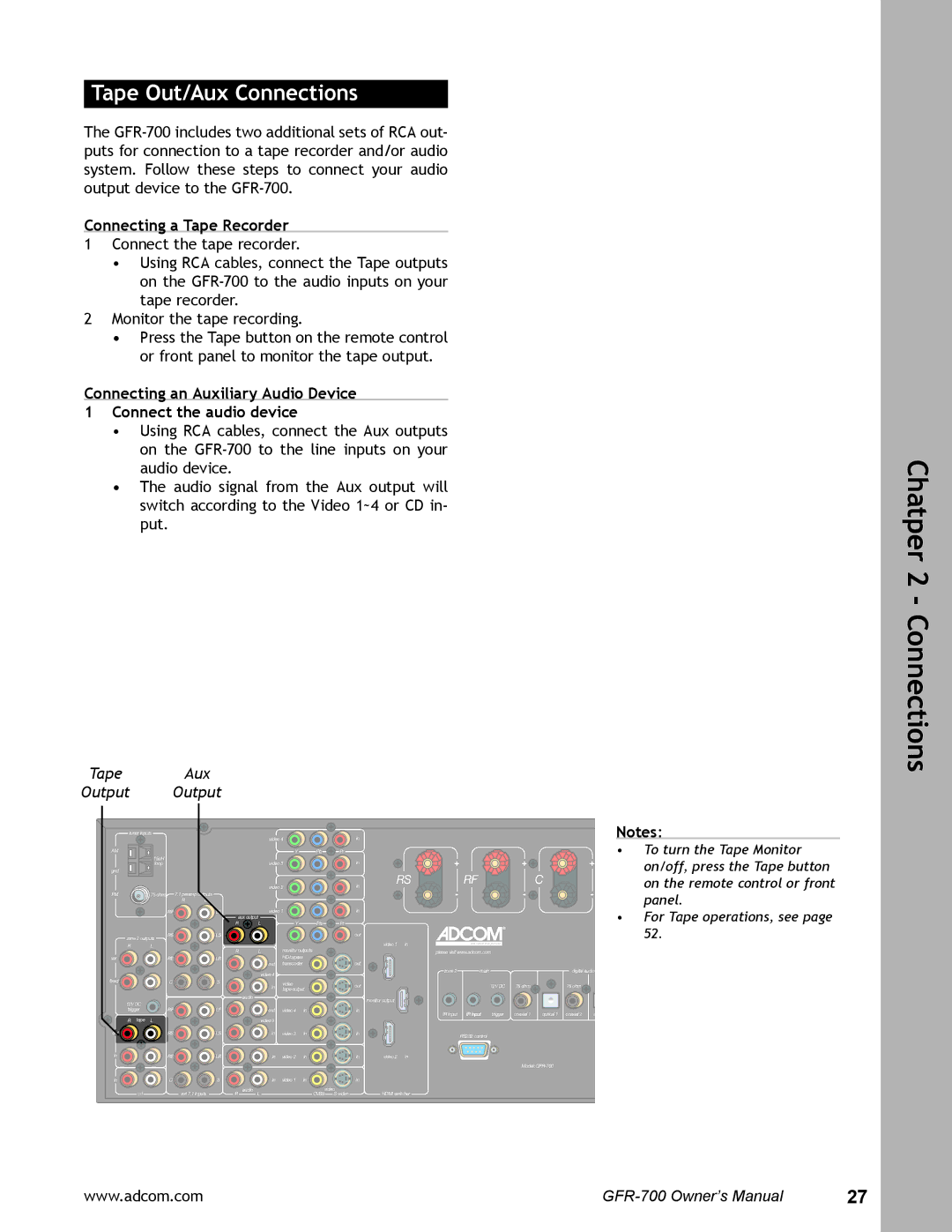 Adcom GFR-700 user manual Tape Out/Aux Connections, Connecting a Tape Recorder, Tape Aux Output 