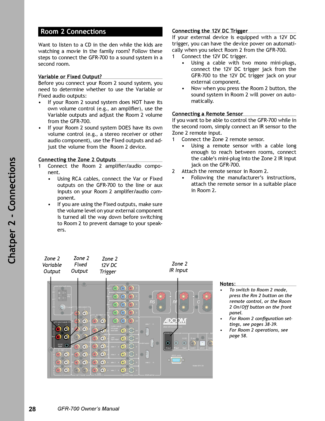 Adcom GFR-700 user manual Variable or Fixed Output?, Connecting the Zone 2 Outputs, Connecting the 12V DC Trigger 