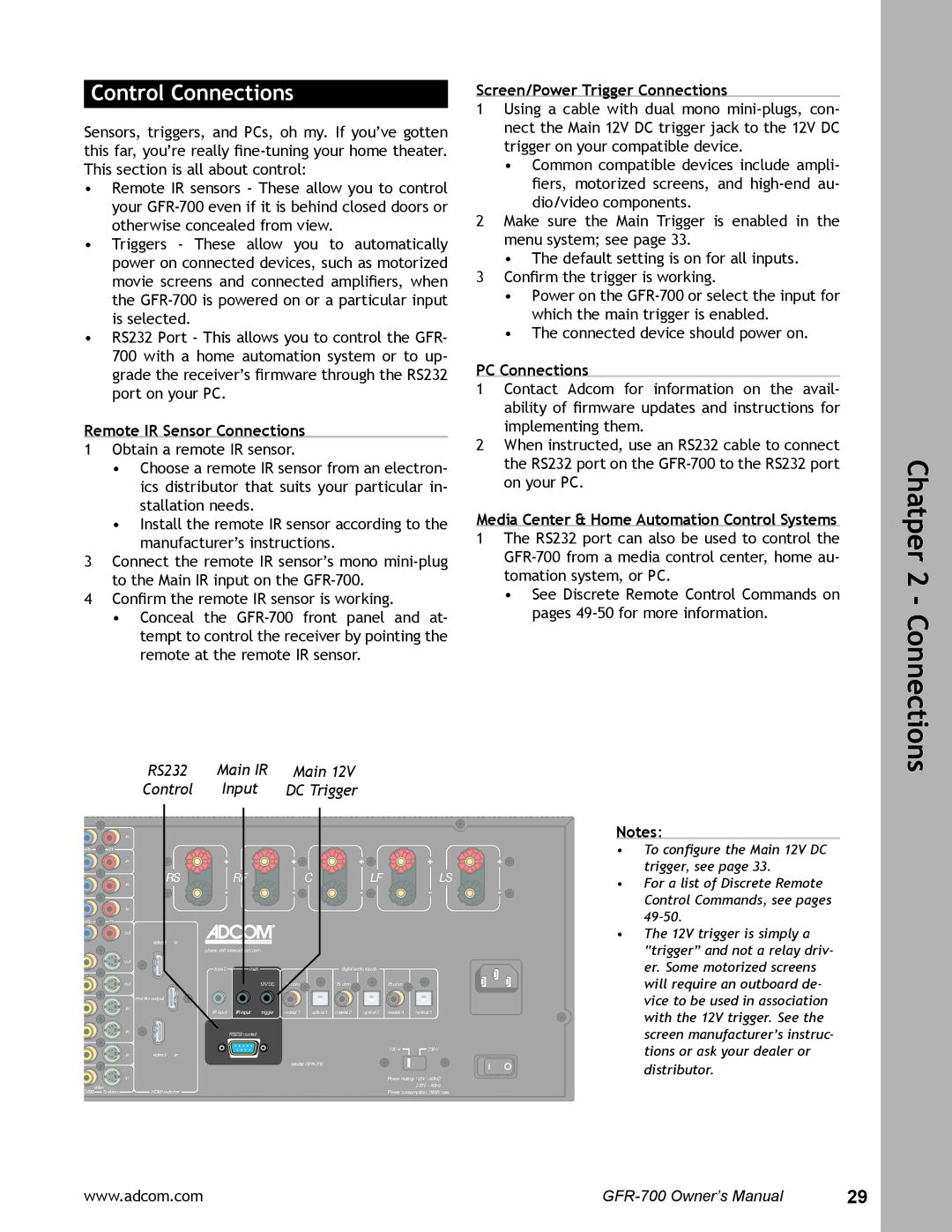 Adcom GFR-700 Control Connections, Remote IR Sensor Connections, Screen/Power Trigger Connections, PC Connections 