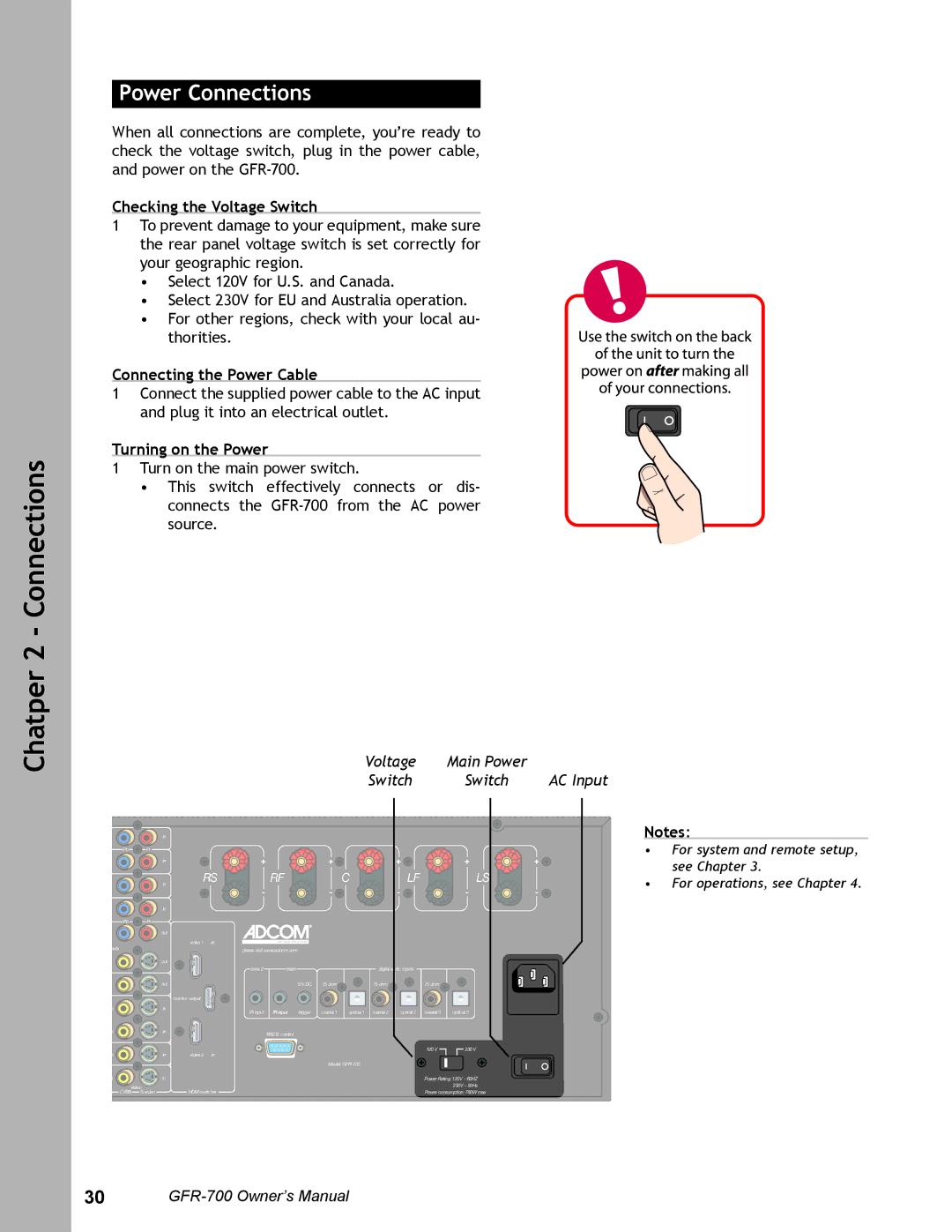 Adcom GFR-700 user manual Power Connections, Checking the Voltage Switch, Connecting the Power Cable, Turning on the Power 