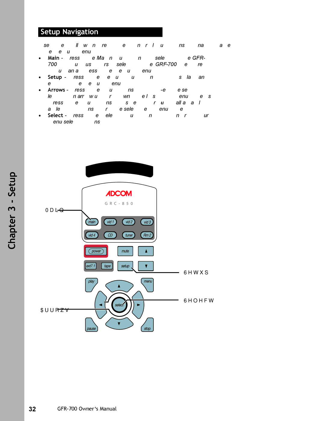 Adcom GFR-700 user manual Setup Navigation 