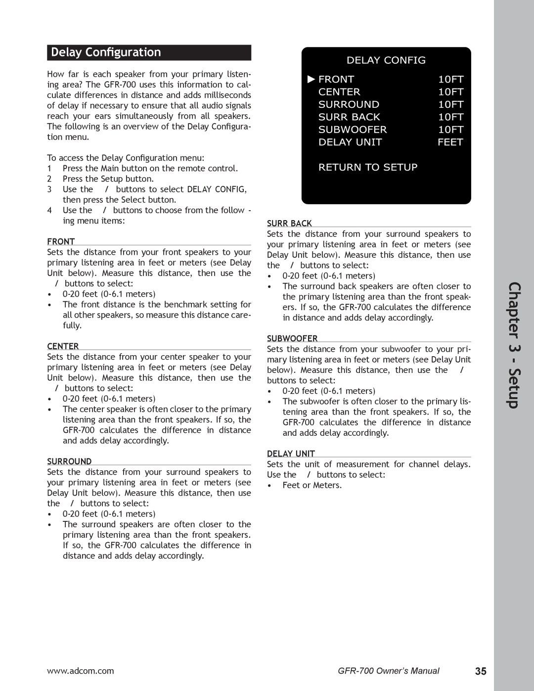 Adcom GFR-700 user manual Delay Conﬁguration, Delay Unit 