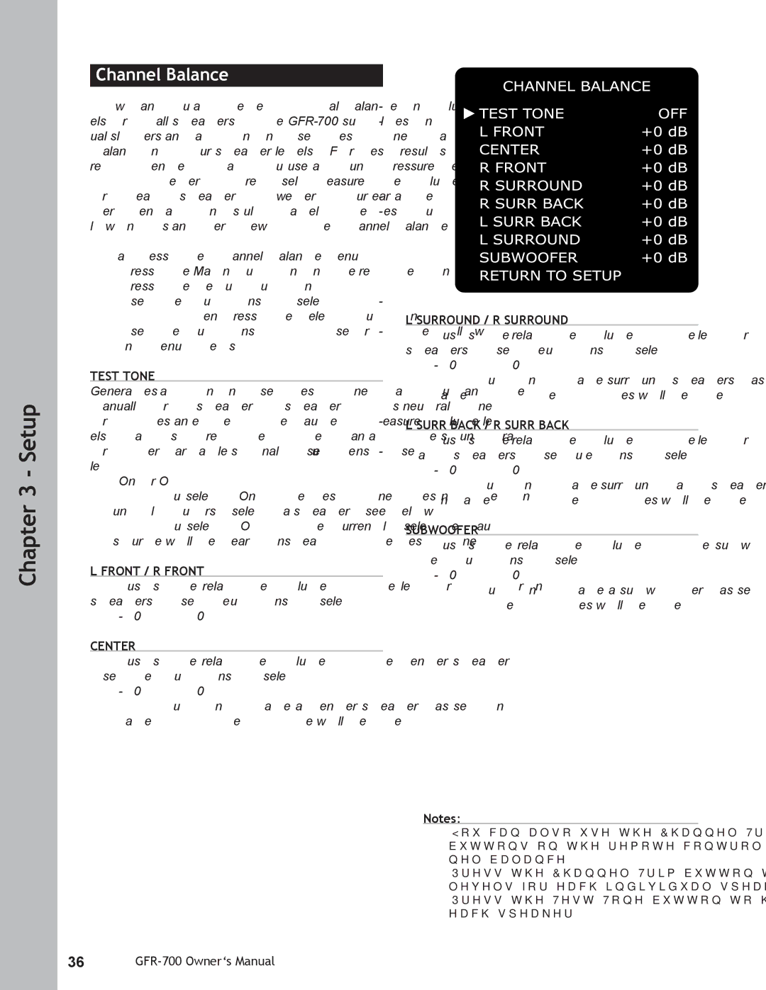 Adcom GFR-700 user manual Channel Balance, Test Tone, Front / R Front, Surround / R Surround, Surr Back / R Surr Back 