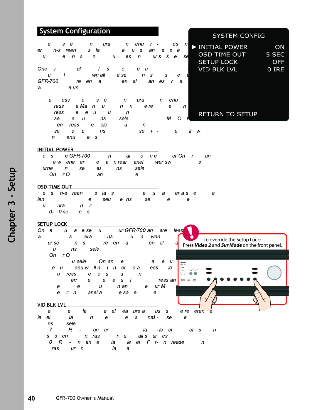 Adcom GFR-700 user manual System Conﬁguration, OSD Time OUT, Setup Lock, Vid Blk Lvl 