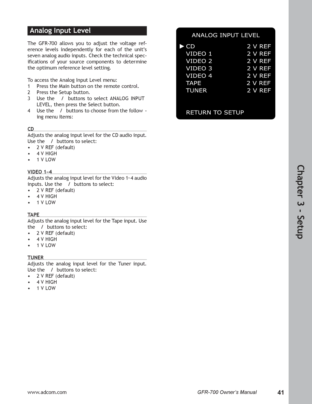 Adcom GFR-700 user manual Analog Input Level, Video 1~4, Tape, Tuner 