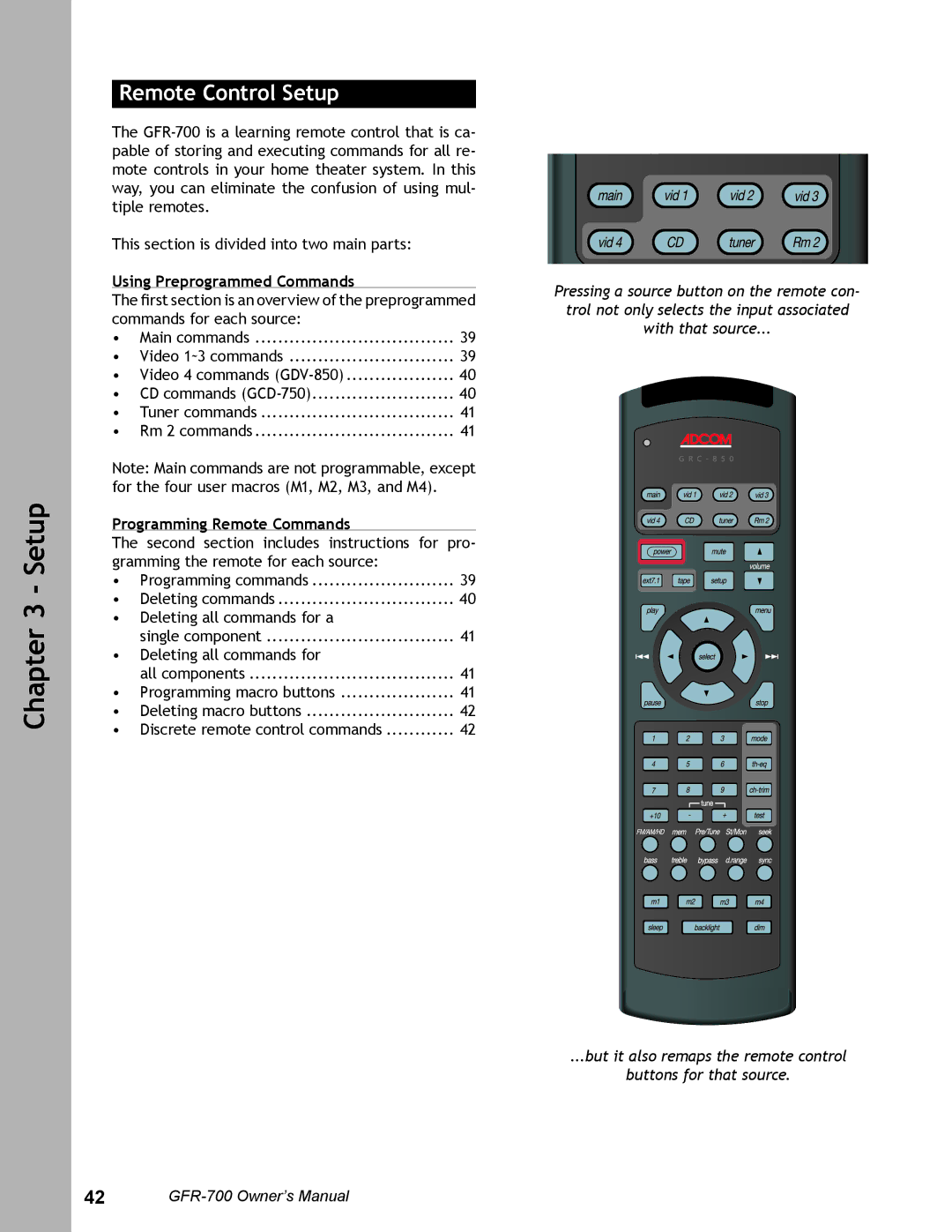 Adcom GFR-700 user manual Remote Control Setup, Using Preprogrammed Commands, Programming Remote Commands 