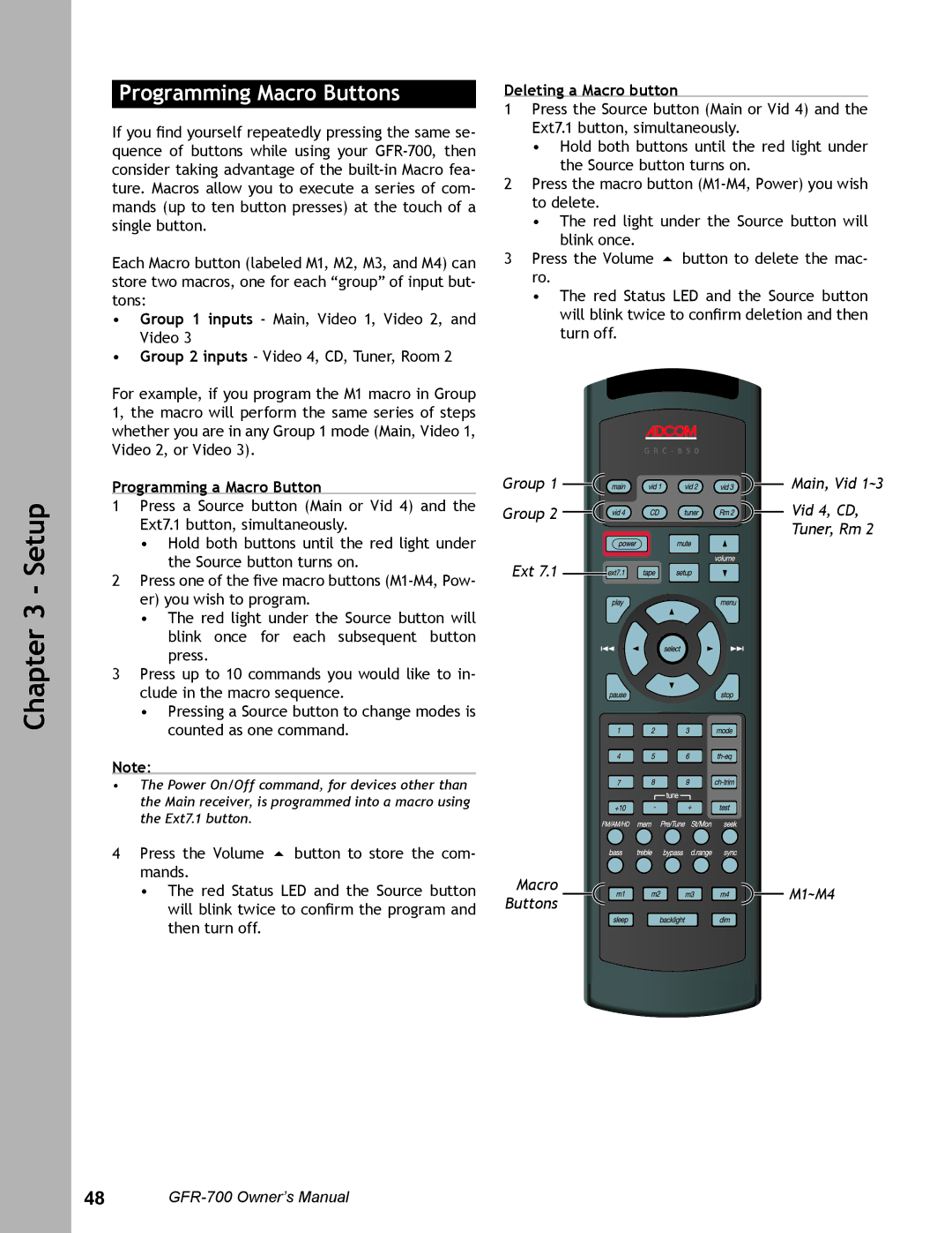 Adcom GFR-700 user manual Programming Macro Buttons, Programming a Macro Button, Deleting a Macro button 