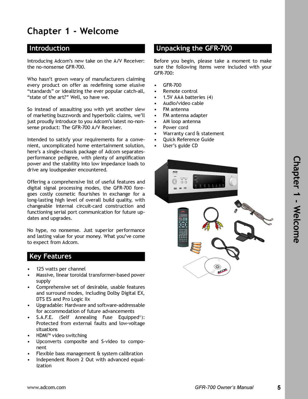 Adcom user manual Introduction, Key Features, Unpacking the GFR-700 