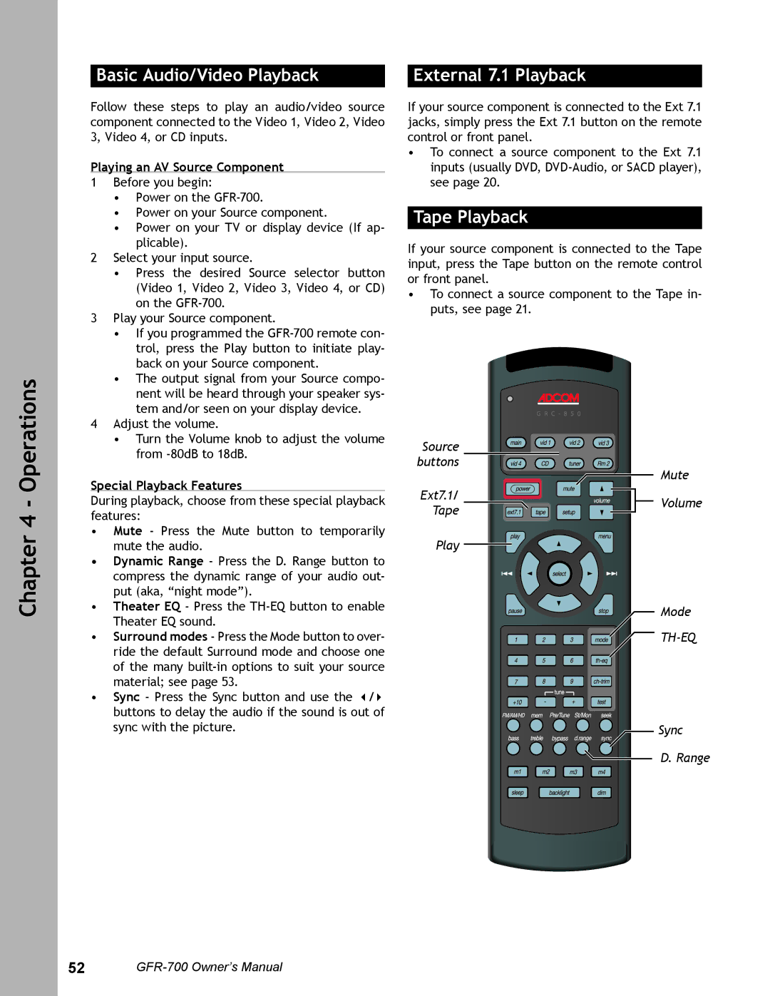 Adcom GFR-700 user manual Basic Audio/Video Playback, External 7.1 Playback, Tape Playback, Playing an AV Source Component 