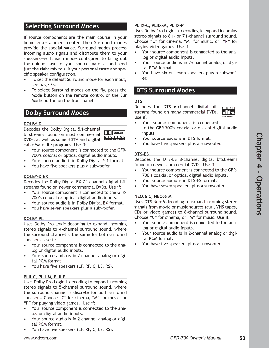 Adcom GFR-700 user manual Selecting Surround Modes, Dolby Surround Modes, DTS Surround Modes 