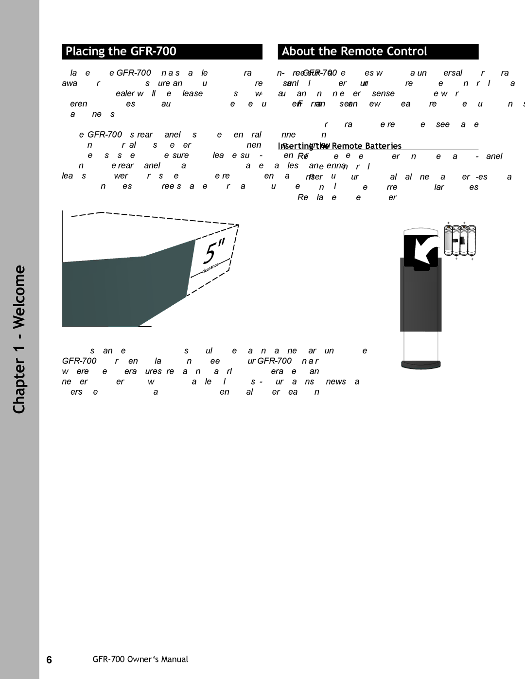 Adcom user manual Placing the GFR-700, About the Remote Control, Inserting the Remote Batteries 