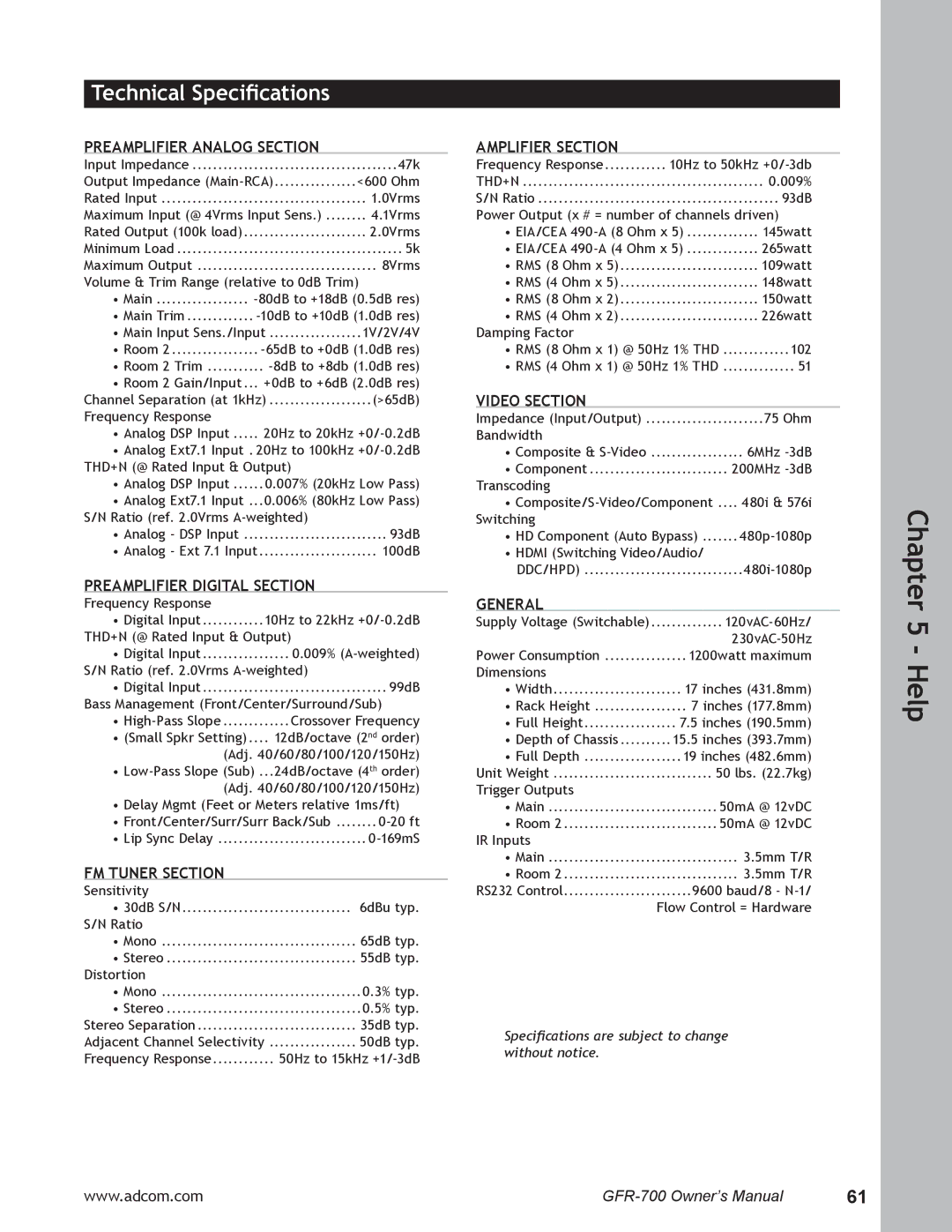 Adcom GFR-700 user manual Technical Speciﬁcations 