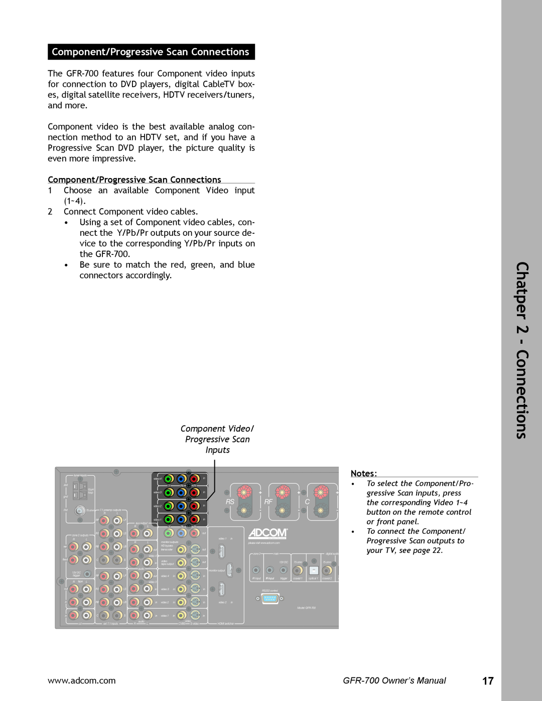 Adcom GFR-700 Chatper 2 - Connections, Component Video Progressive Scan Inputs, Component/Progressive Scan Connections 