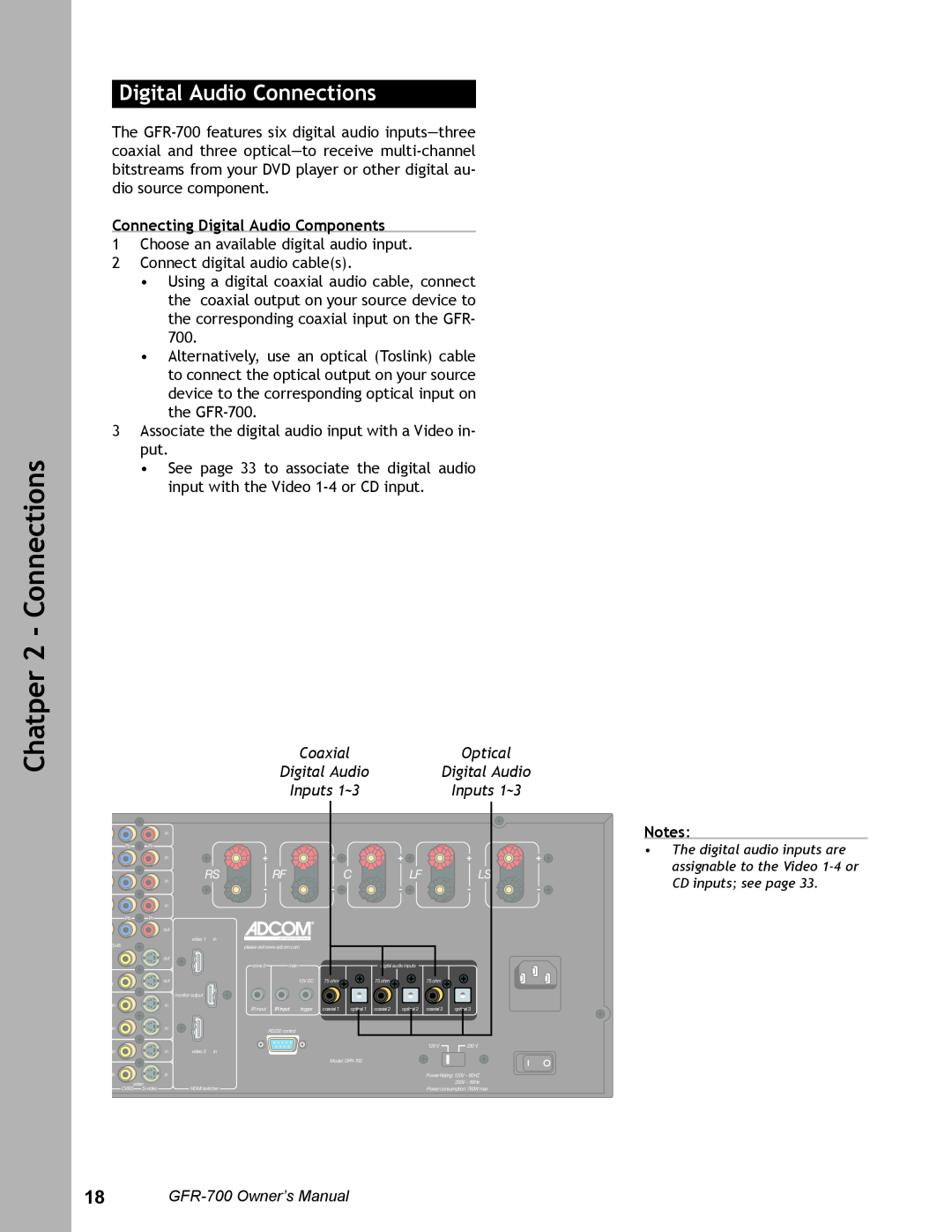 Adcom GFR-700 Digital Audio Connections, Connecting Digital Audio Components, Coaxial, Optical, Chatper 2 - Connections 