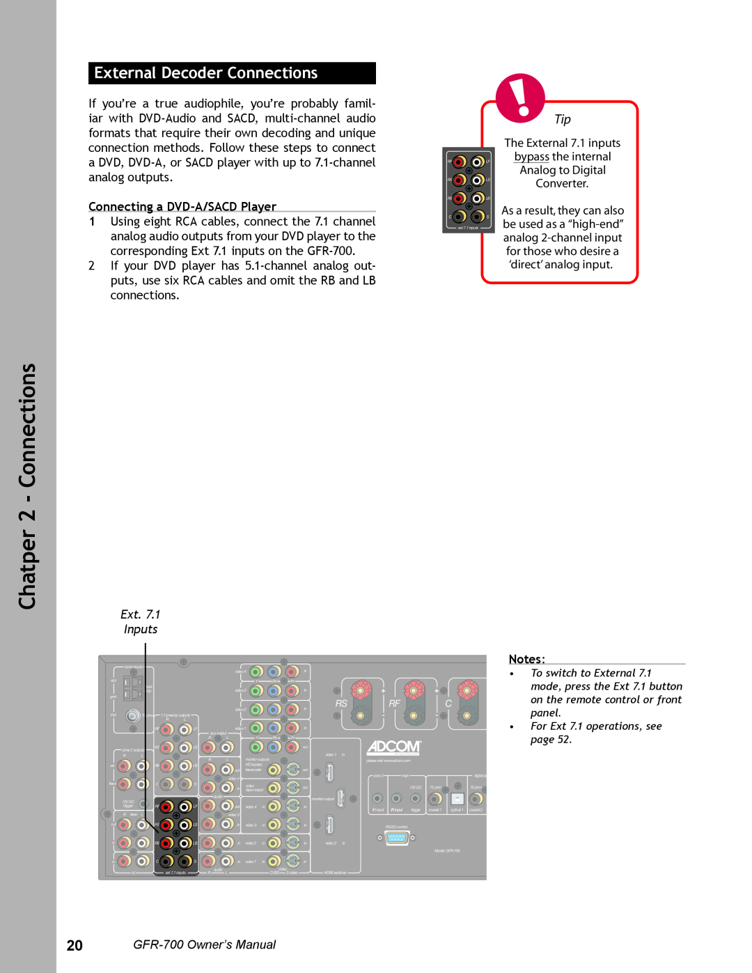 Adcom GFR-700 user manual External Decoder Connections, Connecting a DVD-A/SACDPlayer, Ext. Inputs, Chatper 2 - Connections 