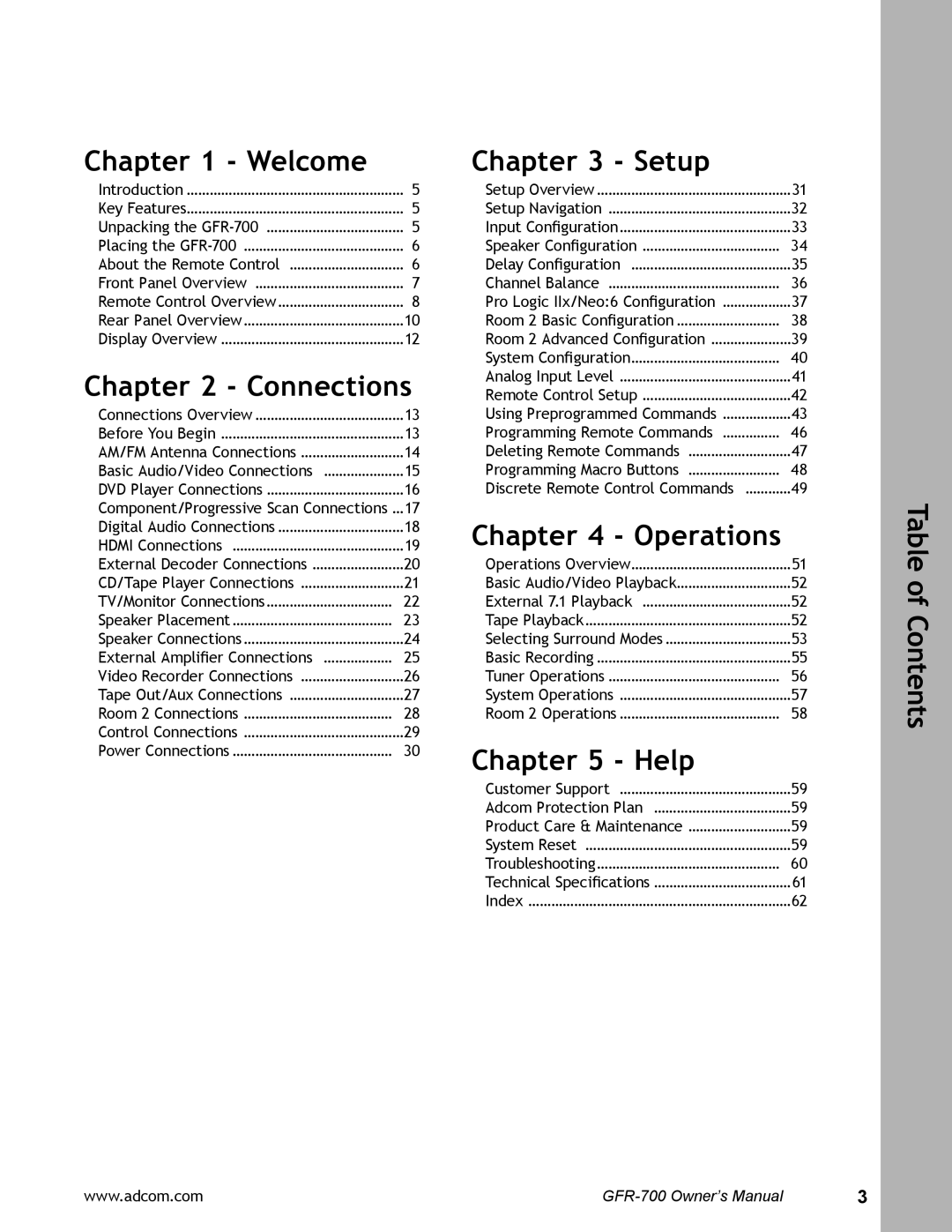Adcom GFR-700 user manual Welcome, Connections, Setup, Operations, Help, Table of Contents 
