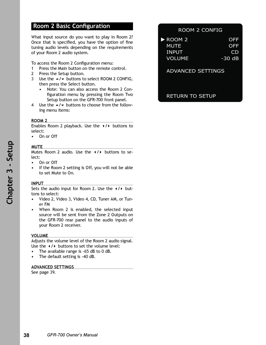 Adcom GFR-700 user manual Room 2 Basic Conﬁguration, Mute, Advanced Settings, Setup, Input, Volume 