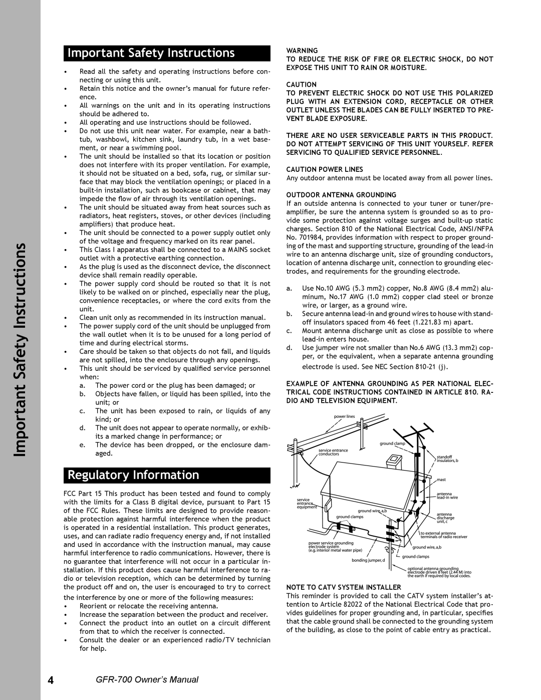 Adcom GFR-700 user manual Important Safety Instructions, Regulatory Information 