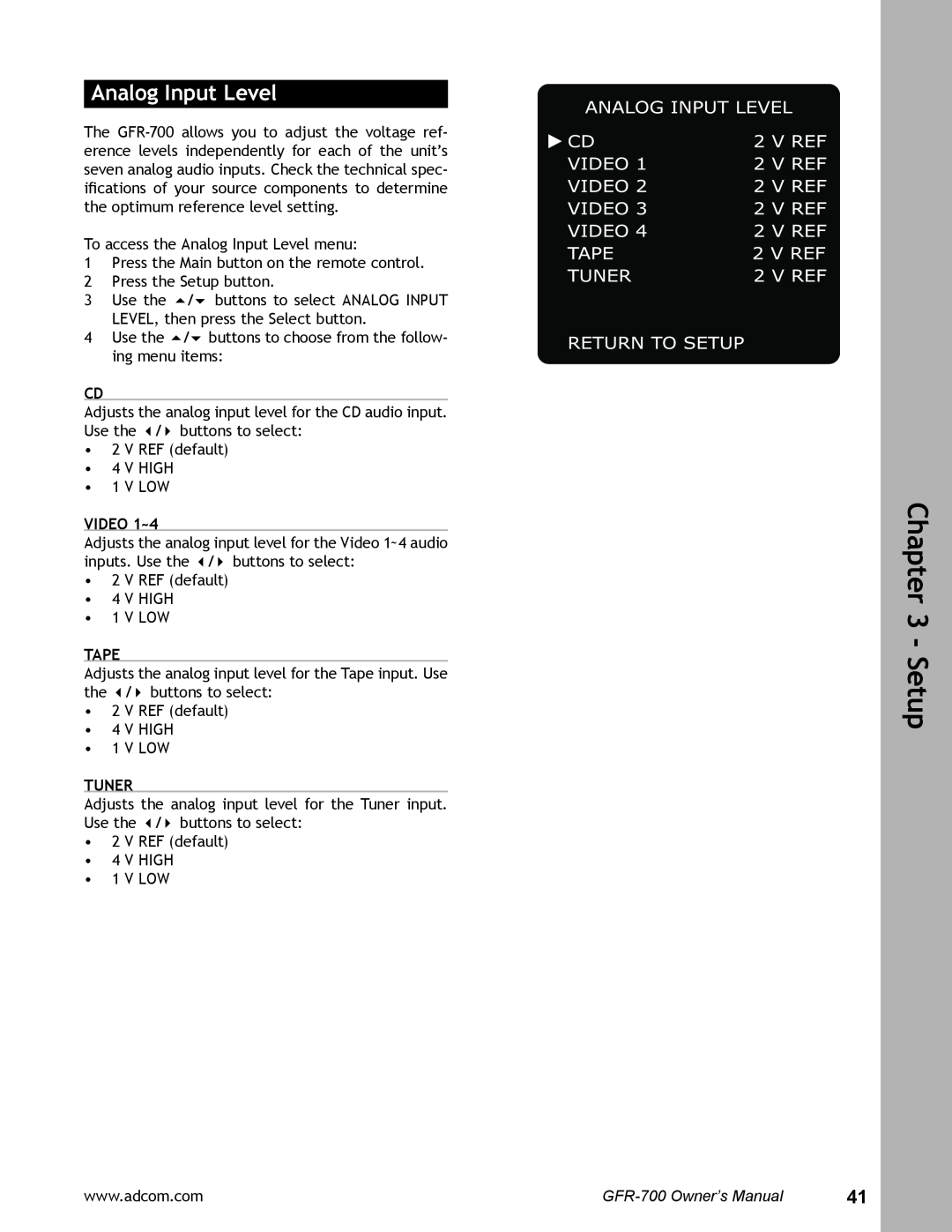 Adcom GFR-700 user manual Analog Input Level, VIDEO 1~4, Tape, Tuner, Setup 