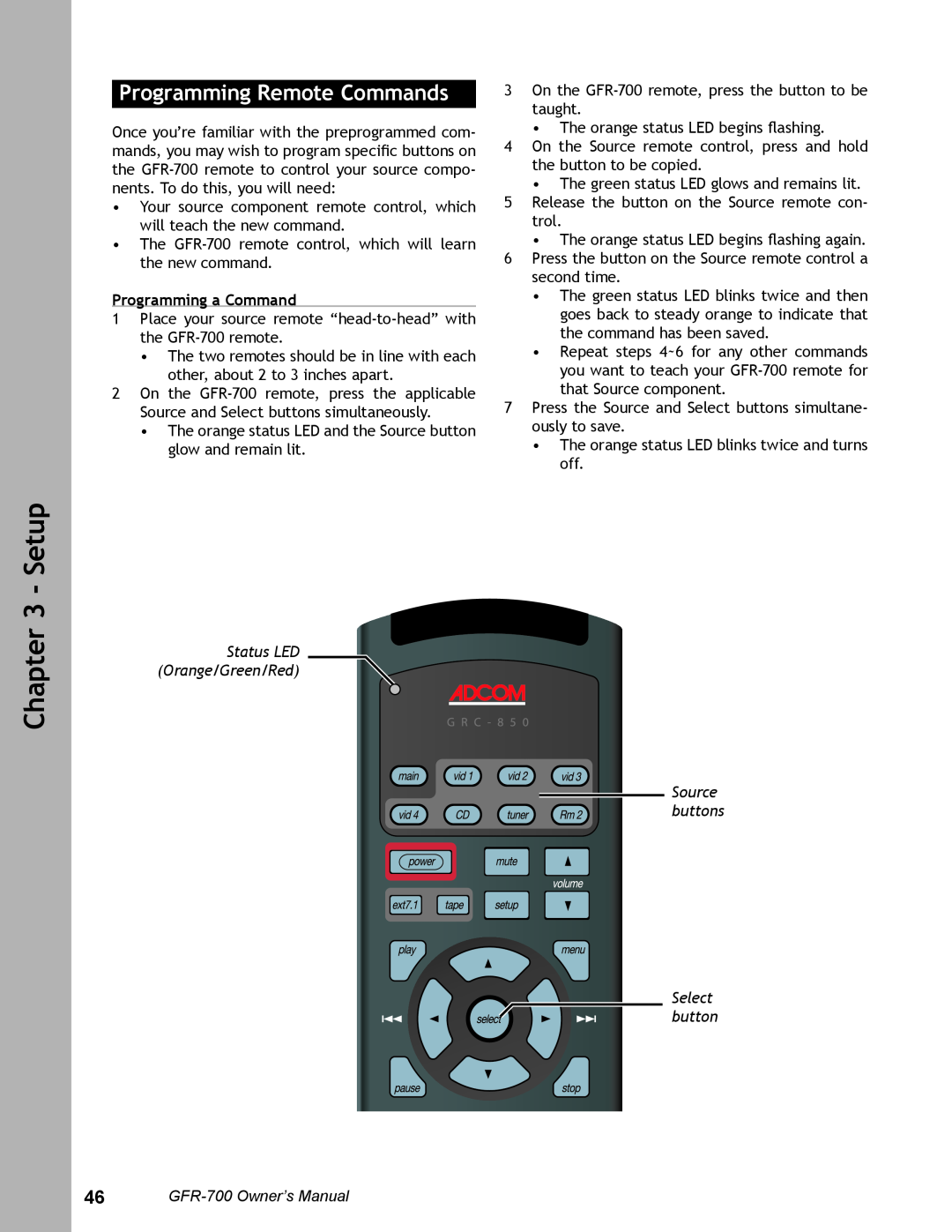 Adcom GFR-700 Programming Remote Commands, Programming a Command, Status LED Orange/Green/Red Source buttons, Setup 