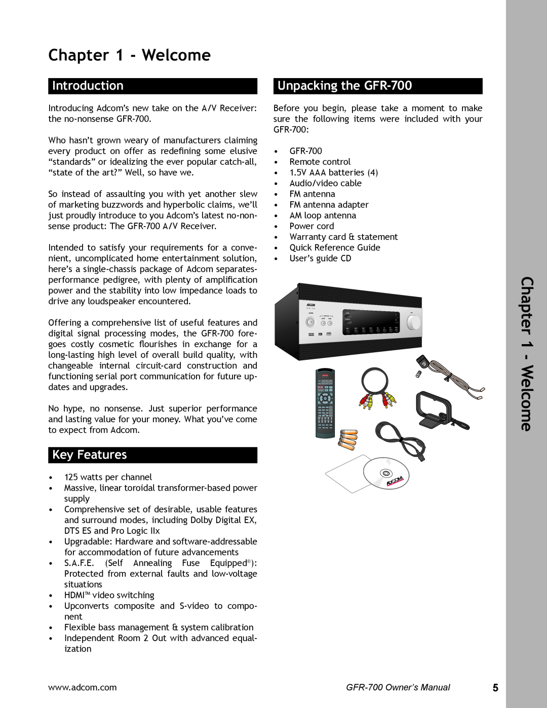 Adcom user manual Introduction, Key Features, Unpacking the GFR-700, Welcome 