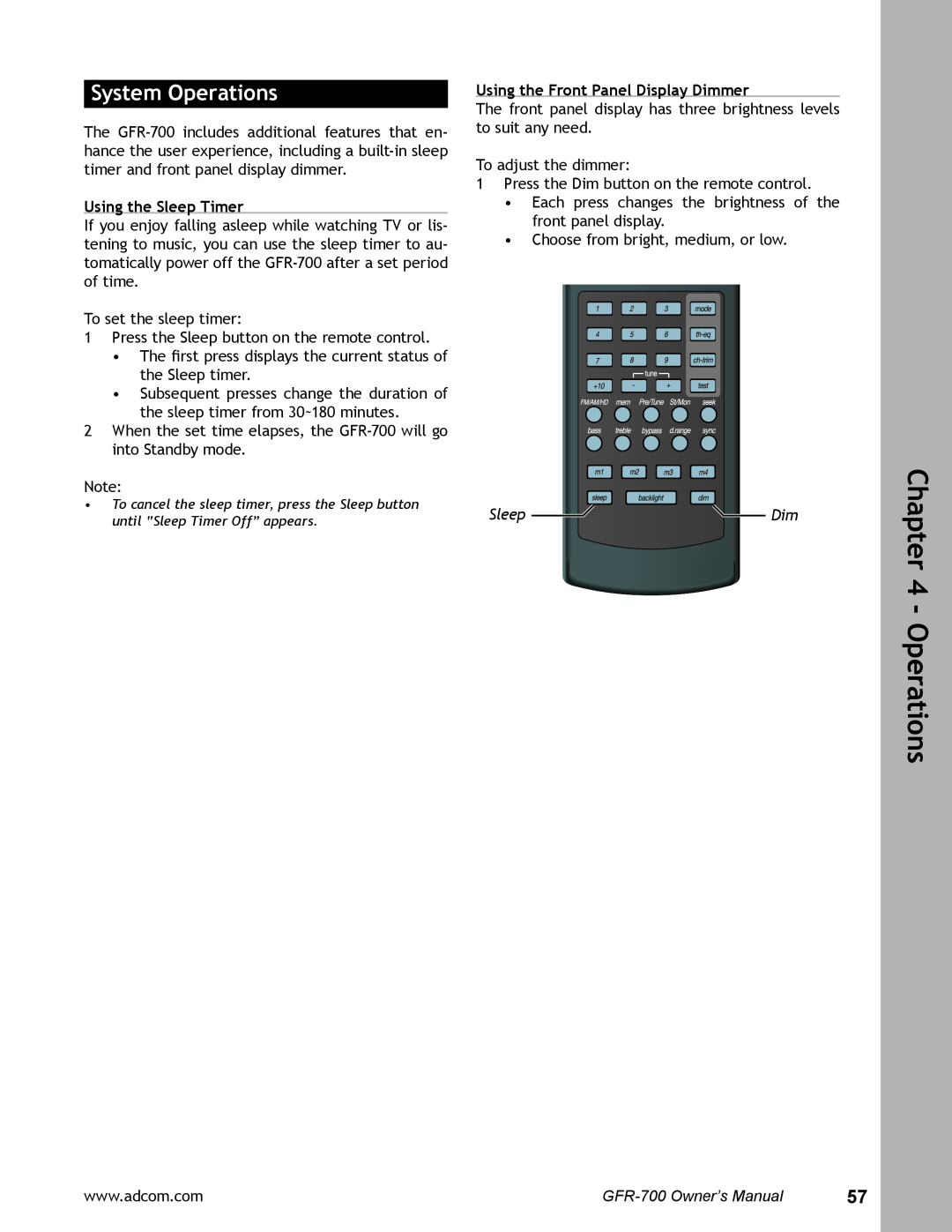Adcom GFR-700 user manual System Operations, Using the Sleep Timer, Using the Front Panel Display Dimmer, SleepDim 