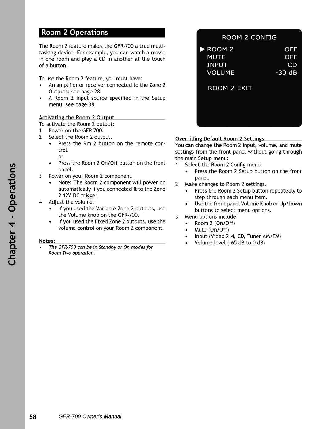 Adcom GFR-700 user manual Room 2 Operations, Activating the Room 2 Output, Overriding Default Room 2 Settings 
