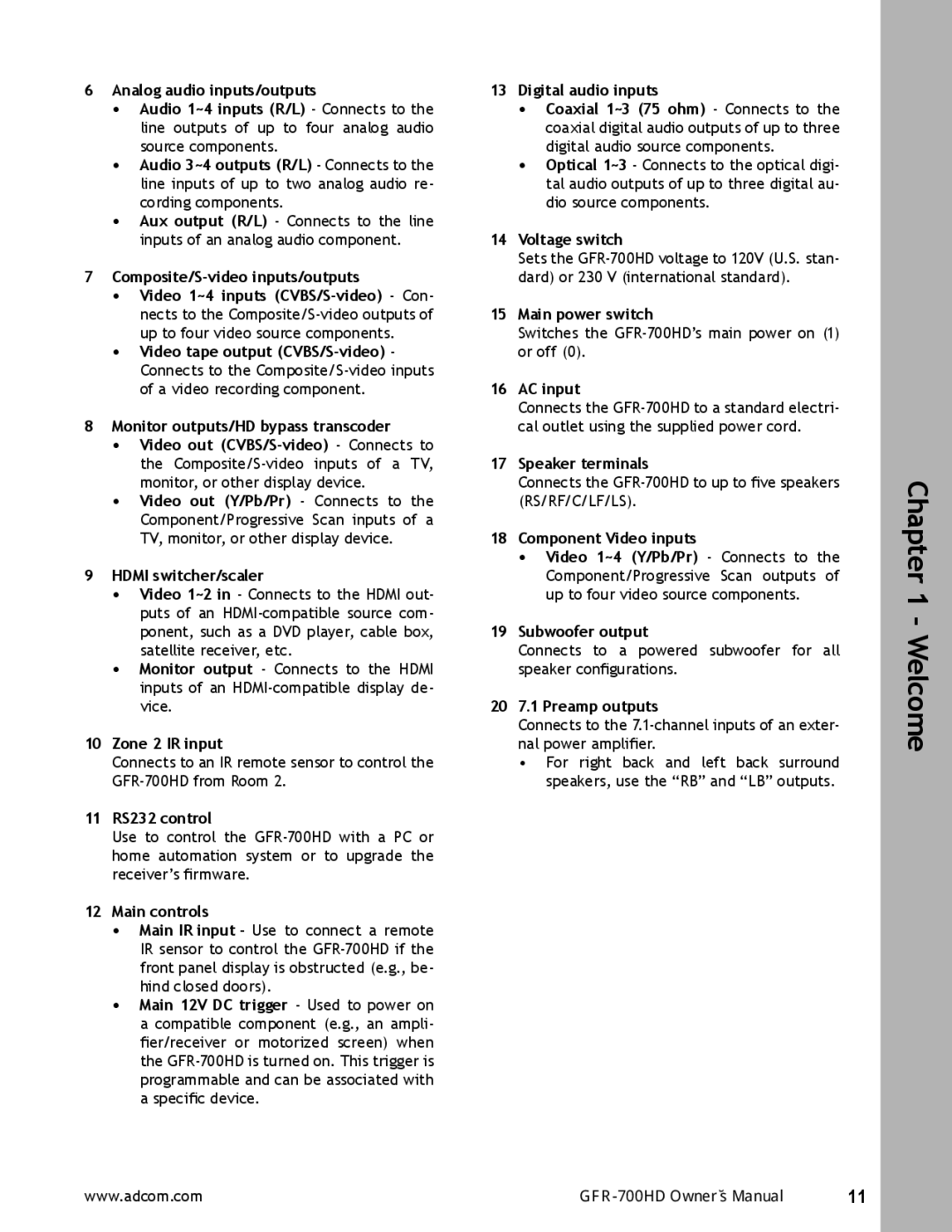 Adcom GFR-700HD user manual Zone 2 IR input, 11 RS232 control, Main controls, Voltage switch, Main power switch, AC input 