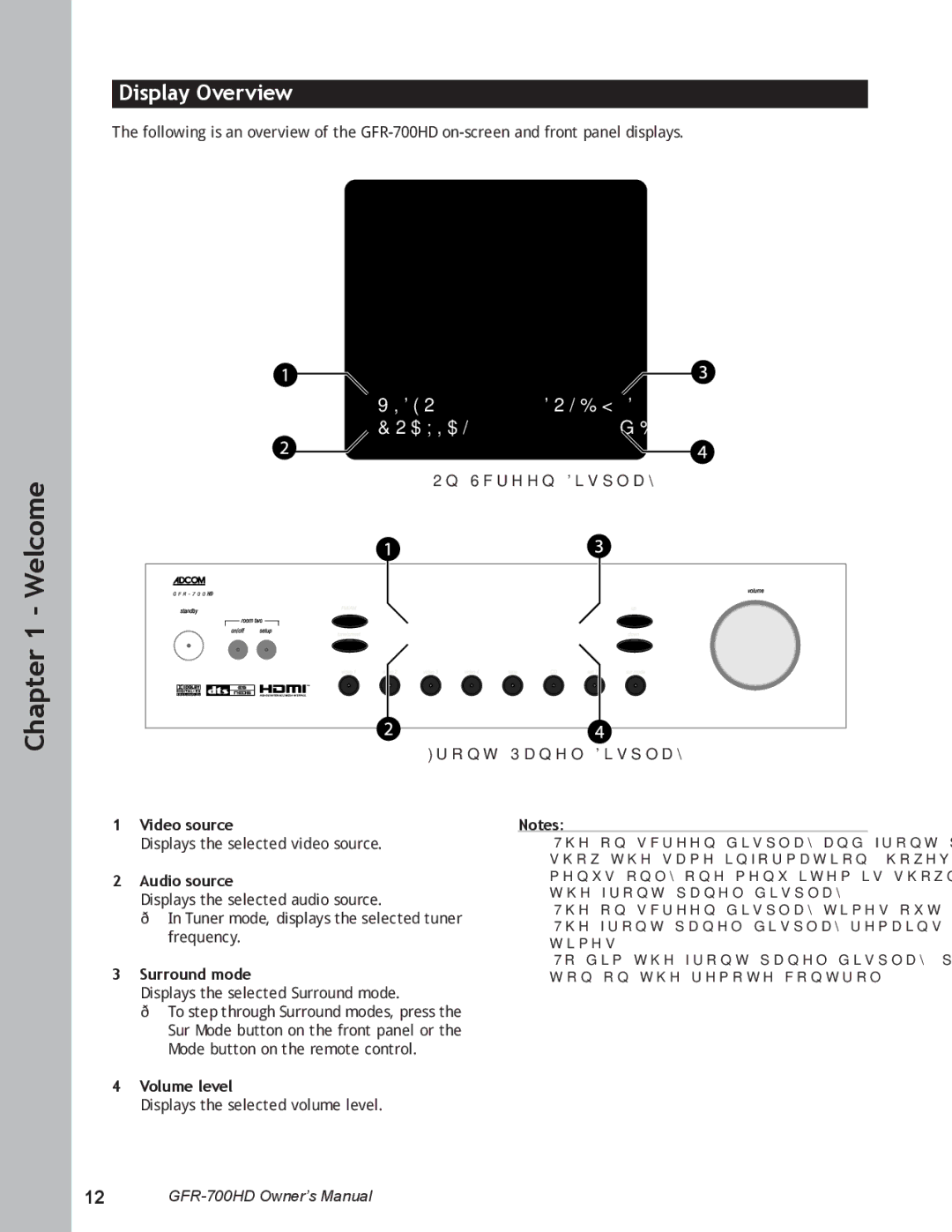 Adcom GFR-700HD user manual Display Overview, Video source, Audio source, Surround mode, Volume level 