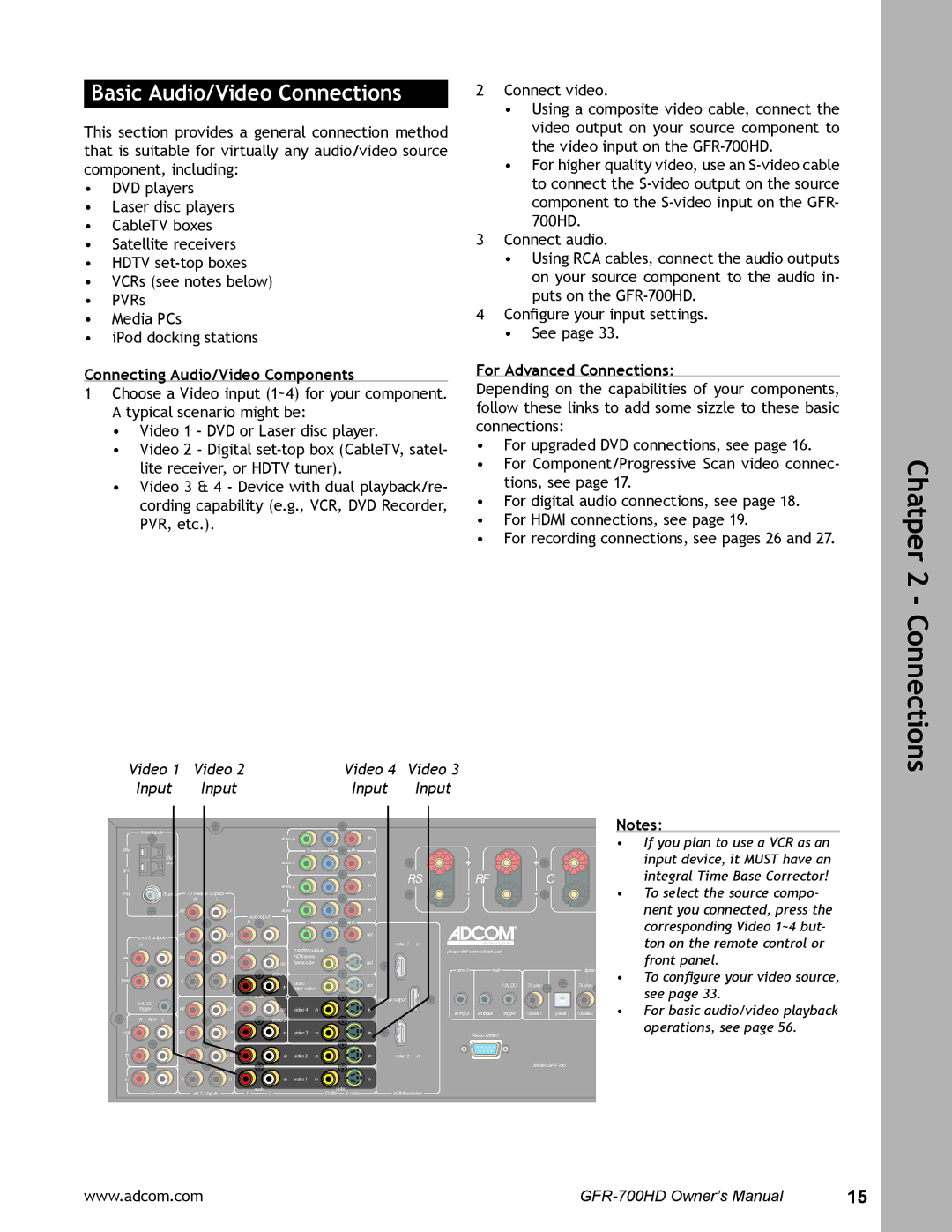 Adcom GFR-700HD Basic Audio/Video Connections, Connecting Audio/Video Components, For Advanced Connections, Video Input 