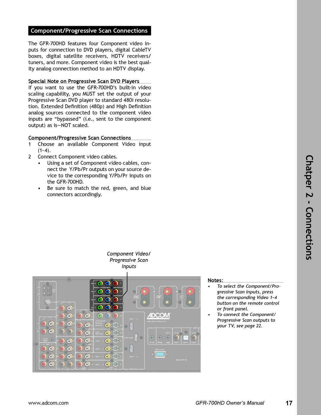 Adcom GFR-700HD user manual Component/Progressive Scan Connections, Special Note on Progressive Scan DVD Players 