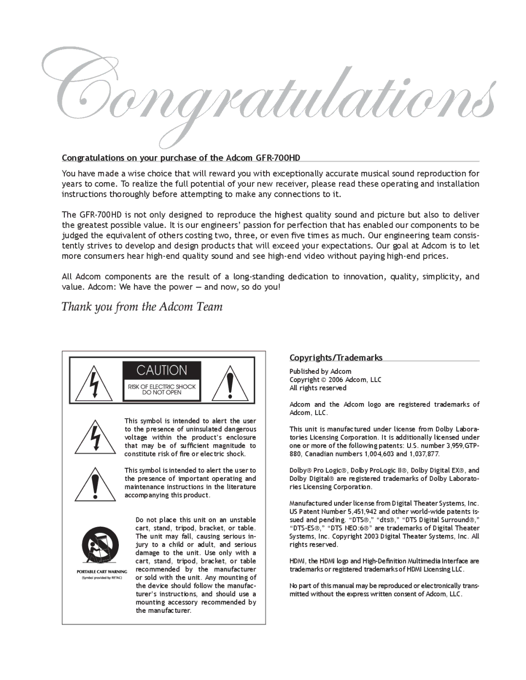 Adcom user manual Congratulations on your purchase of the Adcom GFR-700HD, Copyrights/Trademarks 